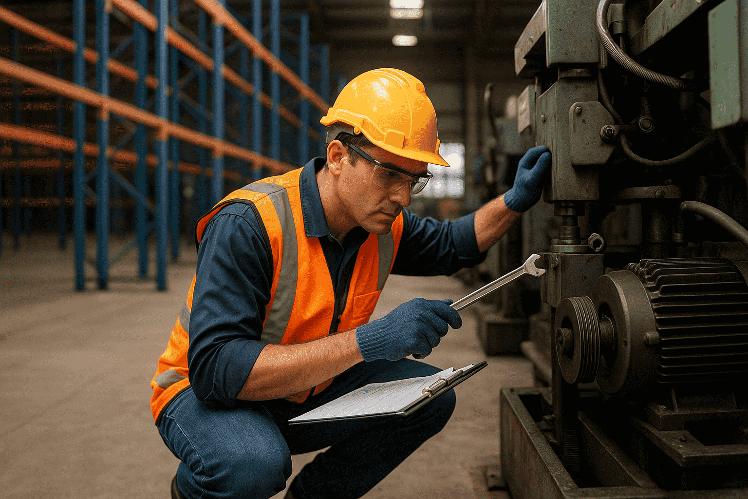 A worker wearing a yellow hard hat, orange safety vest, gloves, and safety glasses kneels while inspecting and adjusting industrial machinery with a wrench. He holds a clipboard and is inside a warehouse or factory setting with empty storage racks in the background.