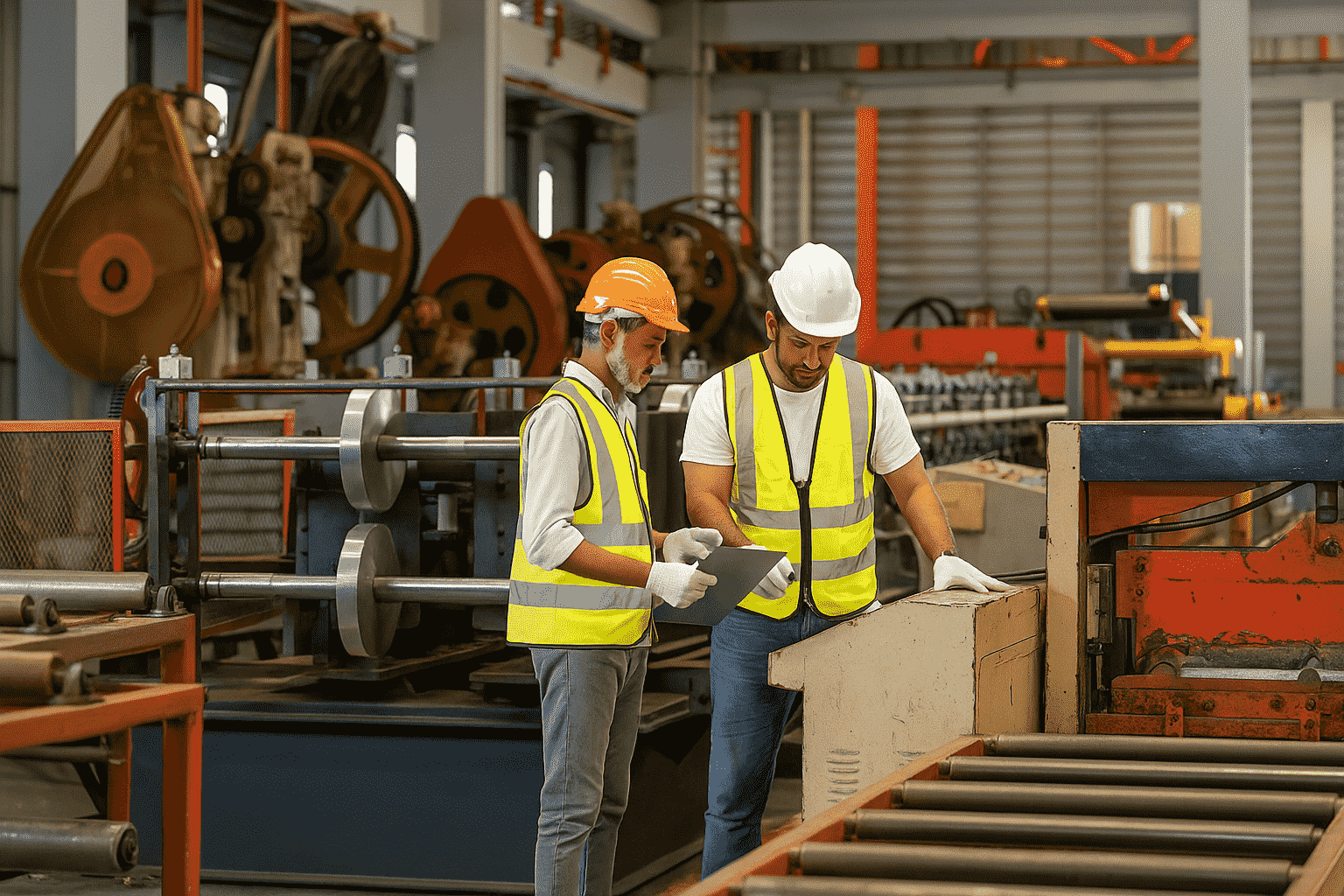 Two workers wearing safety vests and hard hats stand in a factory, reviewing information on a tablet. Industrial machinery and equipment are visible in the background.