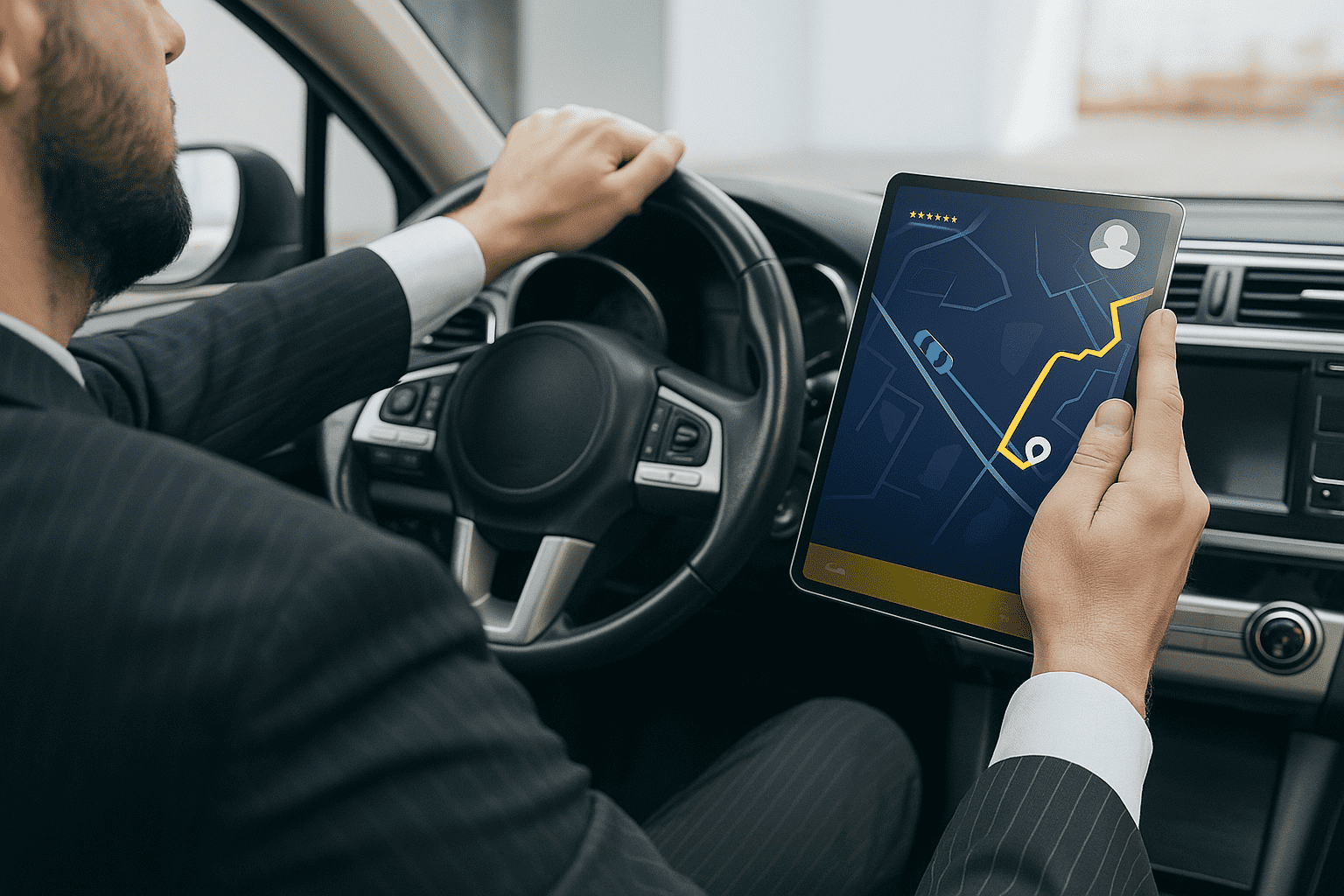 A man in a suit is driving a car with one hand on the steering wheel and holding a tablet with a navigation map on the screen in the other hand.