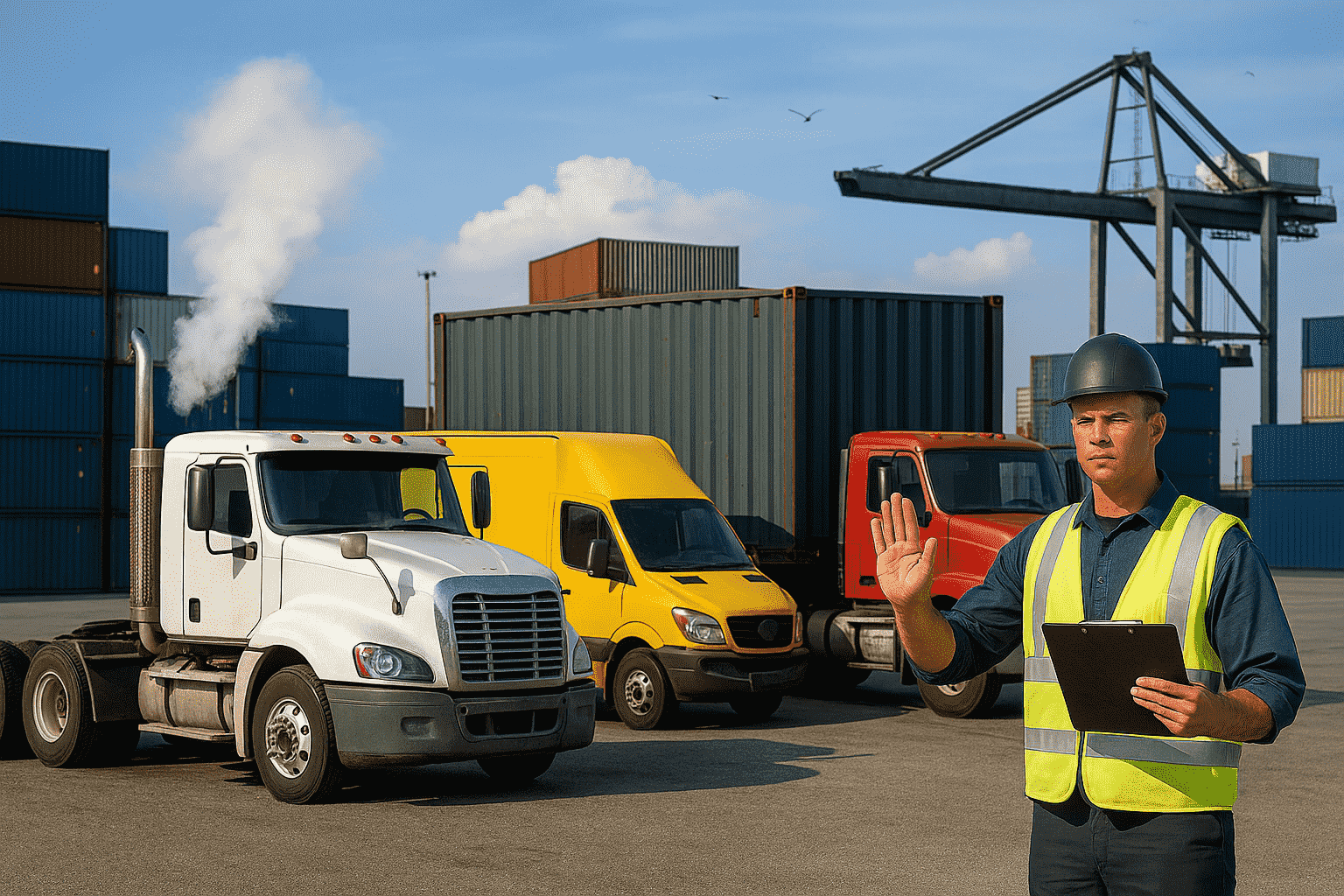 A worker wearing a safety vest and helmet stands in a shipping yard holding a clipboard and raising one hand to signal stop. Behind him are trucks of different colors (white, yellow, and red) with cargo containers and a large crane in the background.