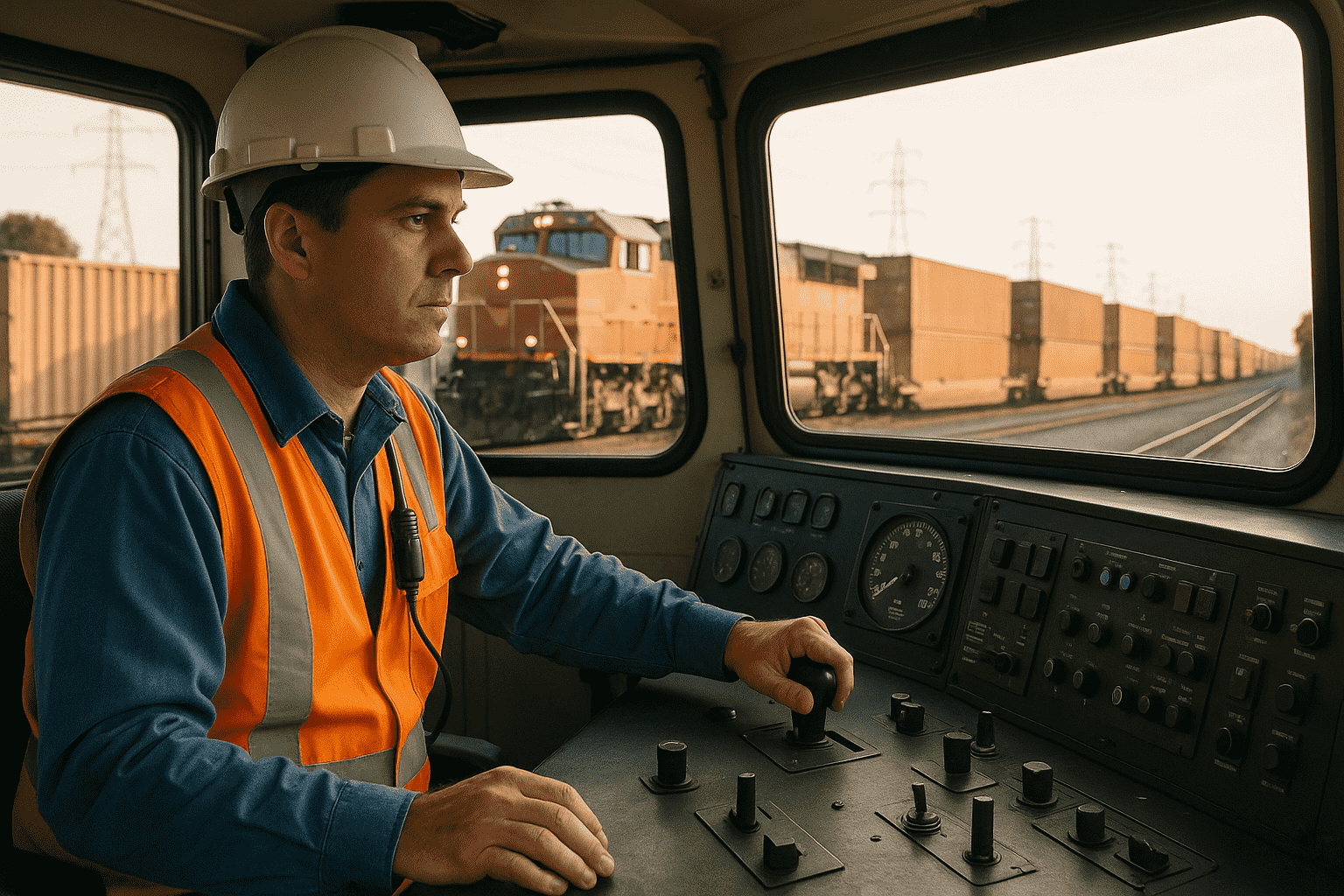 A train operator wearing a hard hat and orange safety vest is seated at the controls inside a locomotive cab, operating the train. Through the windows, a long freight train with cargo containers is visible on the tracks outside.