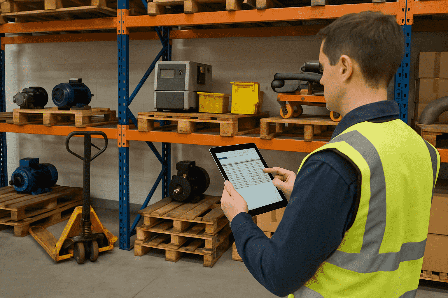 A worker wearing a high-visibility safety vest stands in a warehouse in front of shelves with various equipment and tools. He is holding a tablet and reviewing inventory or data.