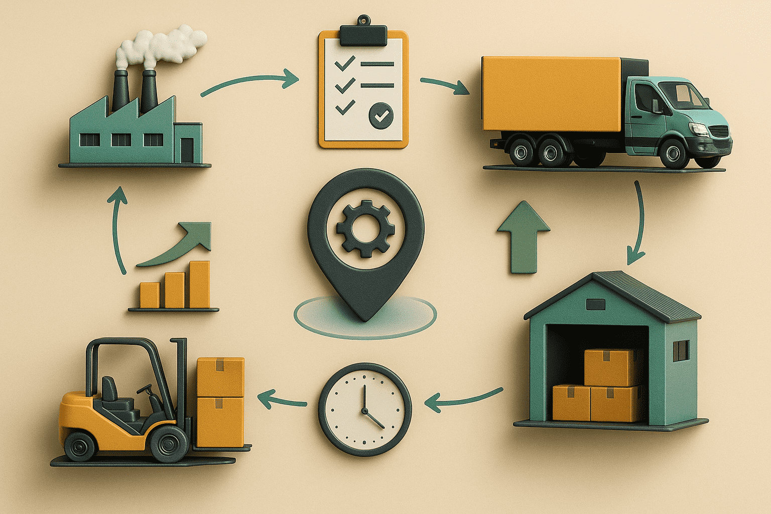 A 3D-style illustration of the supply chain process. It includes icons of a factory, a checklist, a delivery truck, a warehouse with boxes, a clock, a forklift with boxes, and a bar graph. Arrows connect each element in a circular flow around a central location pin with a gear, representing logistics or supply chain management.