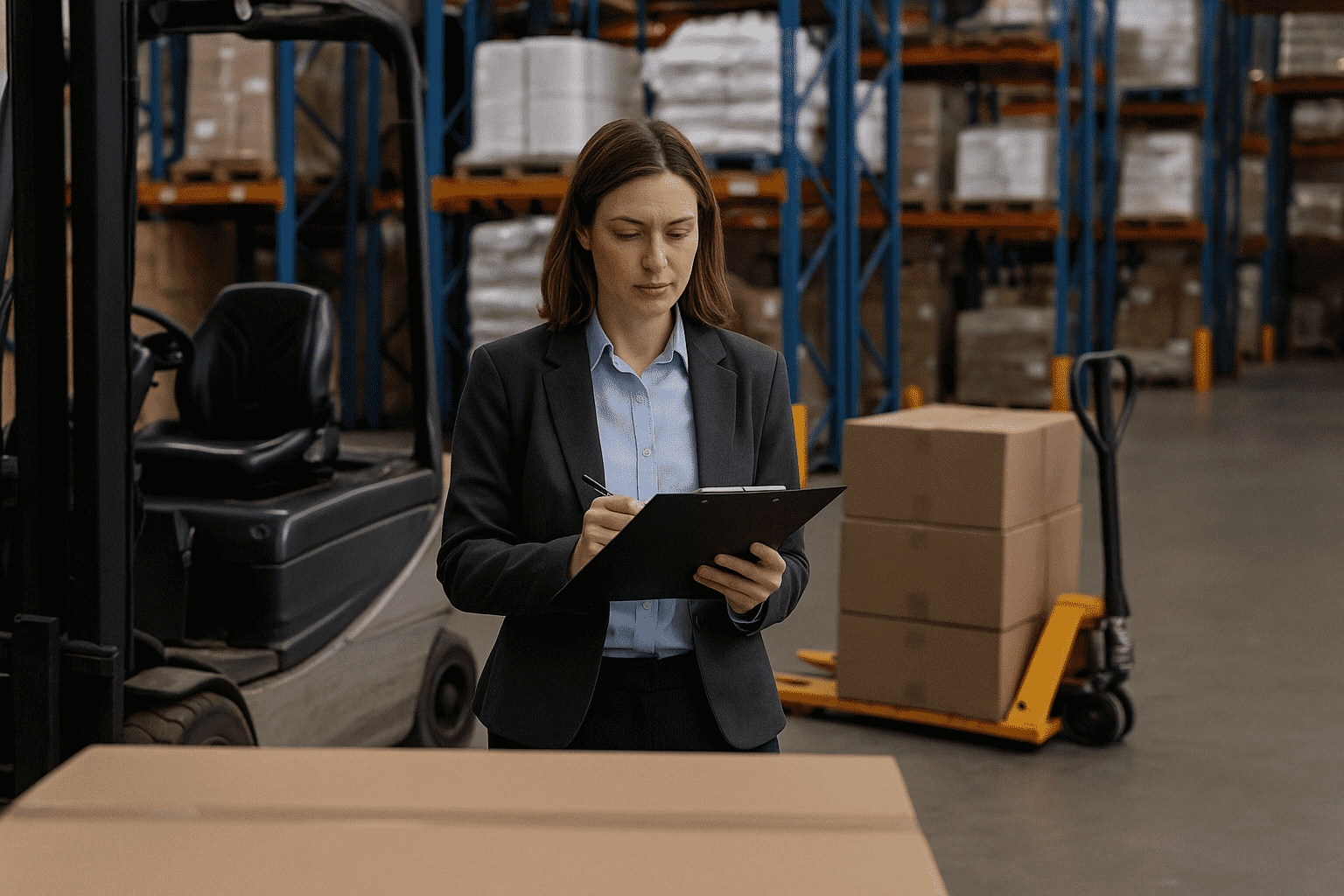 A woman in business attire stands in a warehouse, holding a clipboard and writing notes. Stacks of boxes and pallets are visible in the background, along with a forklift and pallet jack.