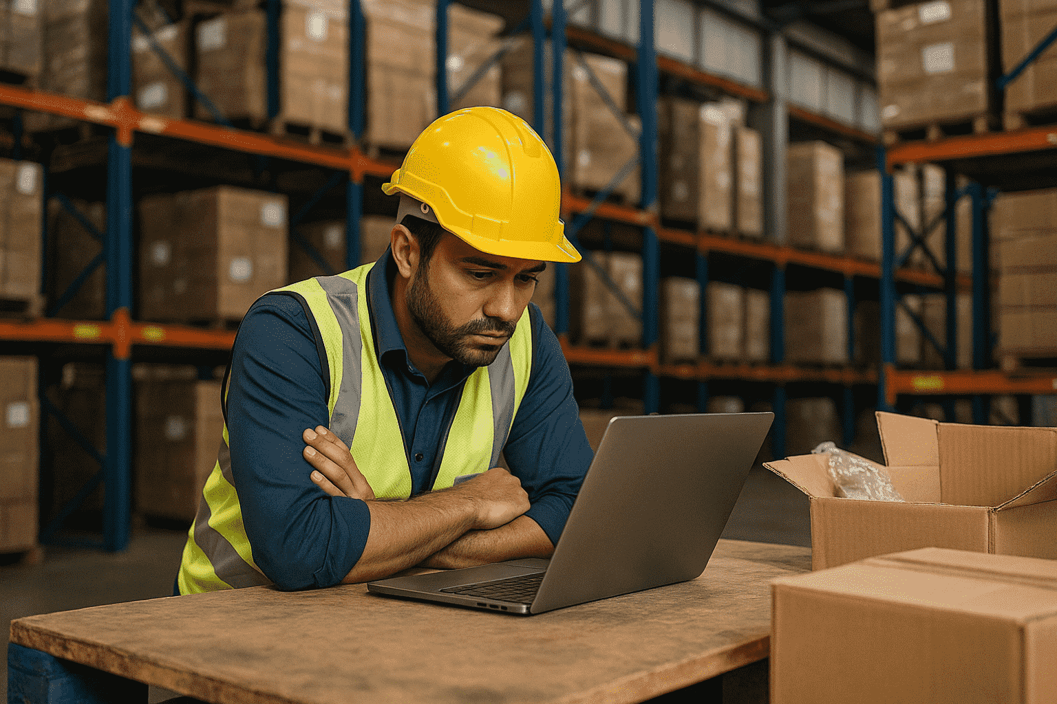 A warehouse worker wearing a yellow hard hat and reflective vest sits at a table, looking at a laptop with a focused expression. Cardboard boxes and shelves stacked with packages are visible in the background.
