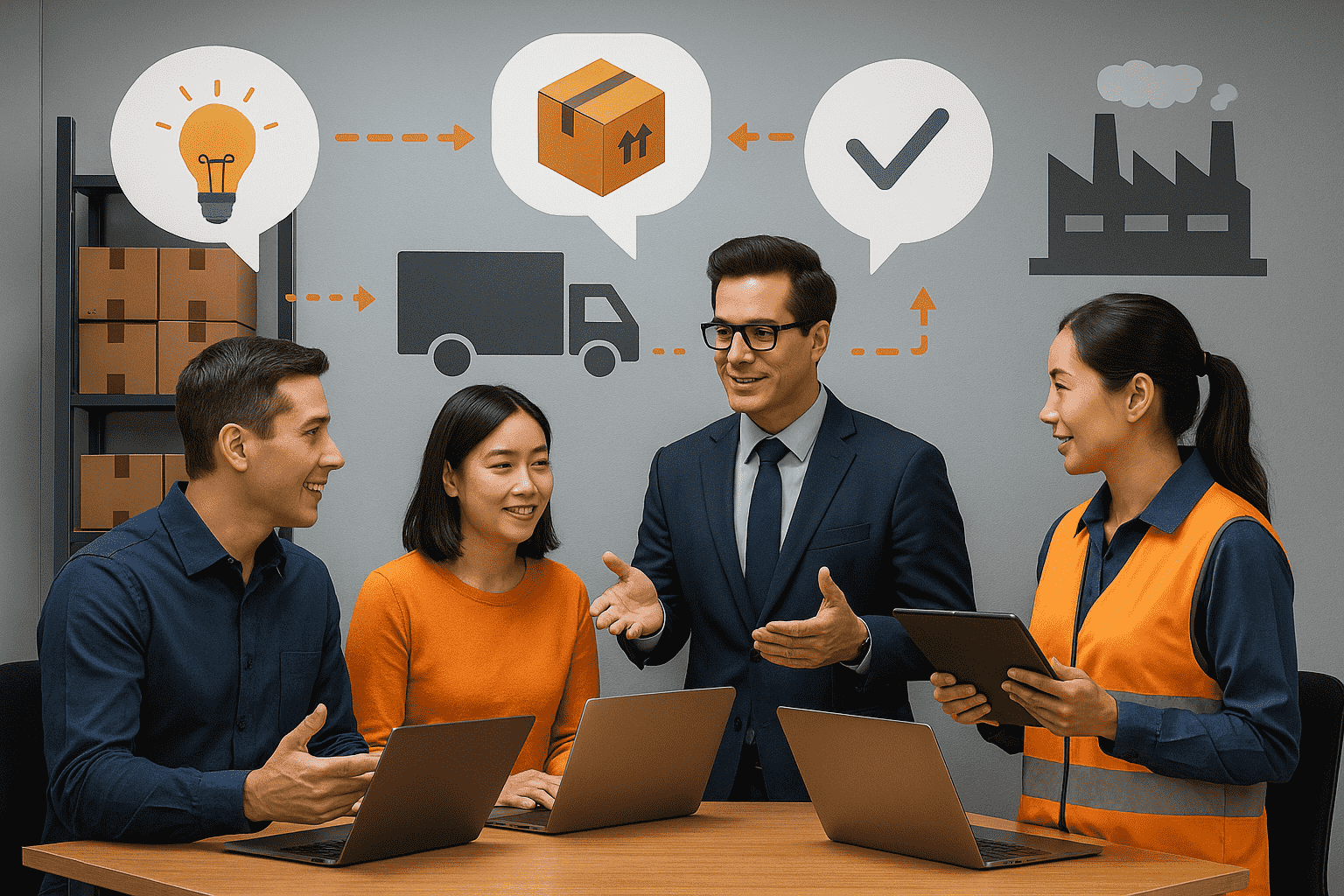 Four people, including two women and two men, are having a discussion around a table with laptops and a tablet. One woman is wearing an orange safety vest. The background features warehouse shelves with boxes and wall graphics showing a lightbulb, a package, a delivery truck, a checkmark, and a factory, representing a supply chain process.