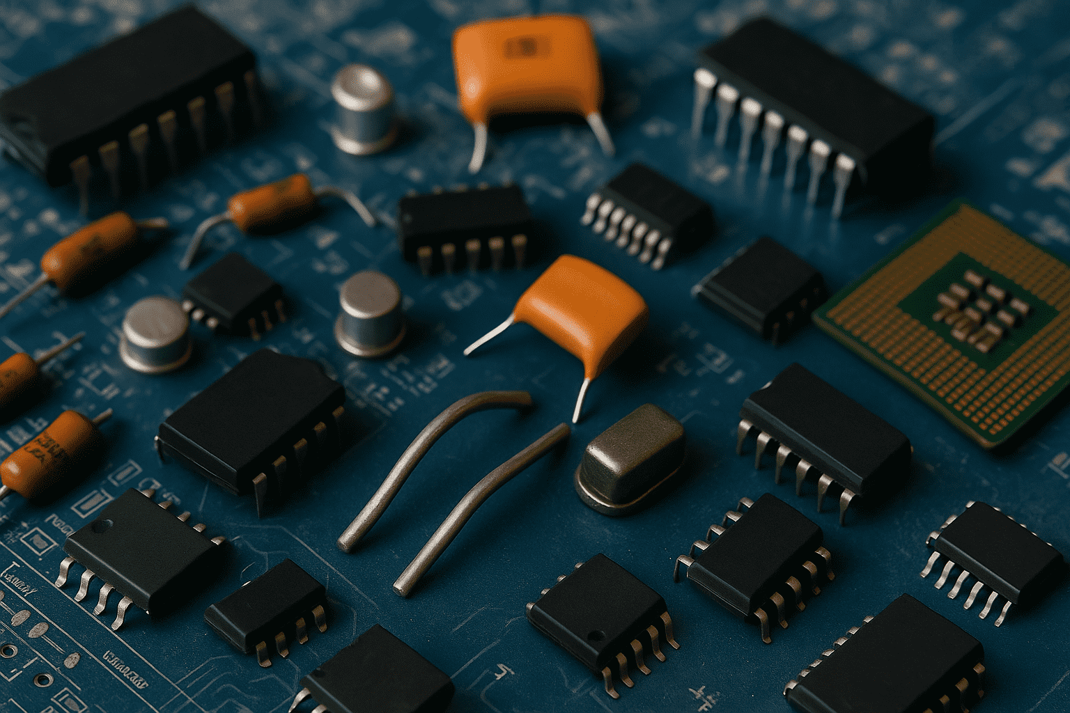 A close-up view of various electronic components, including integrated circuits, capacitors, and resistors, arranged on a blue printed circuit board.