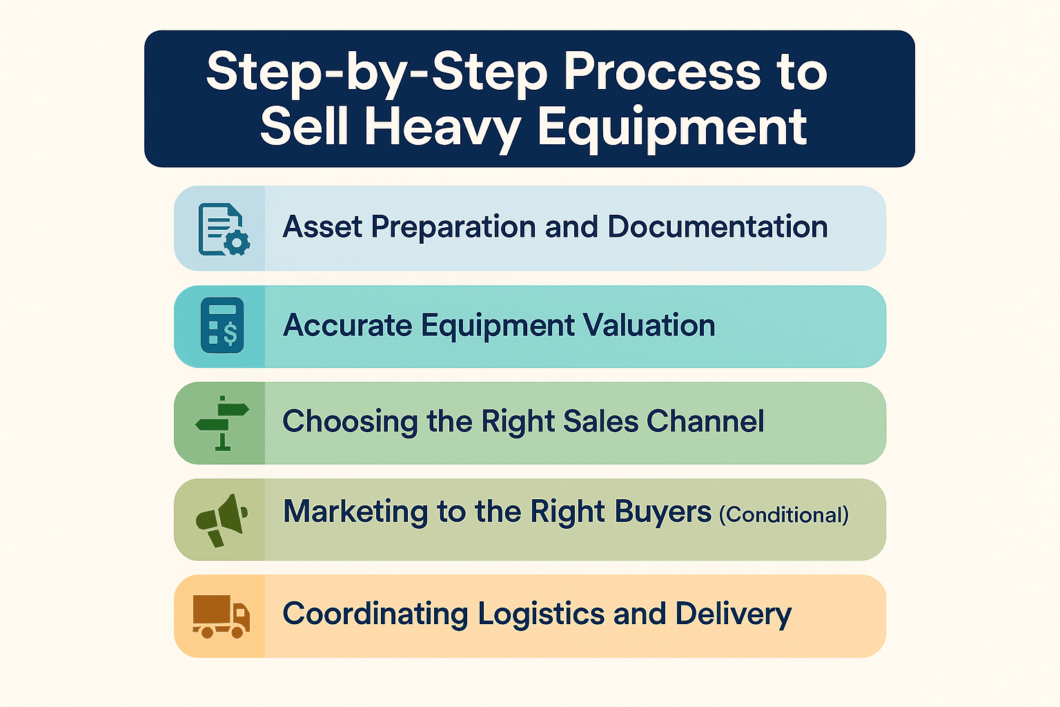 Infographic titled "Step-by-Step Process to Sell Heavy Equipment" with five colored sections: Asset Preparation and Documentation, Accurate Equipment Valuation, Choosing the Right Sales Channel, Marketing to the Right Buyers (Conditional), and Coordinating Logistics and Delivery, each with an icon.