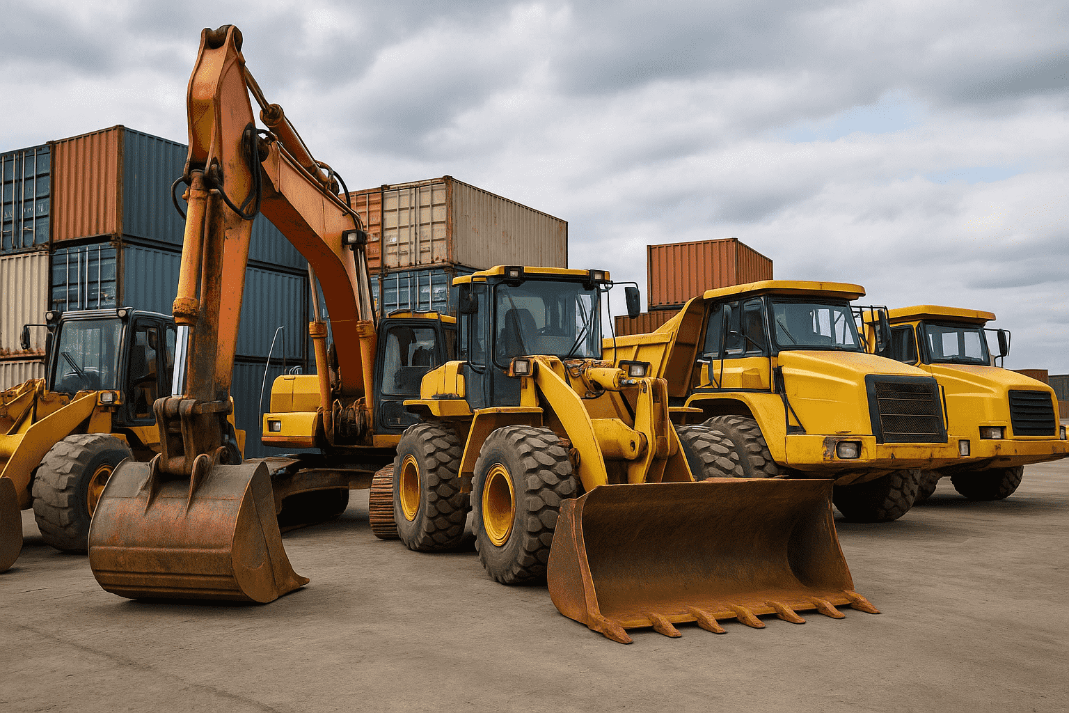Yellow construction vehicles, including excavators and loaders, parked in front of stacked shipping containers under a cloudy sky.