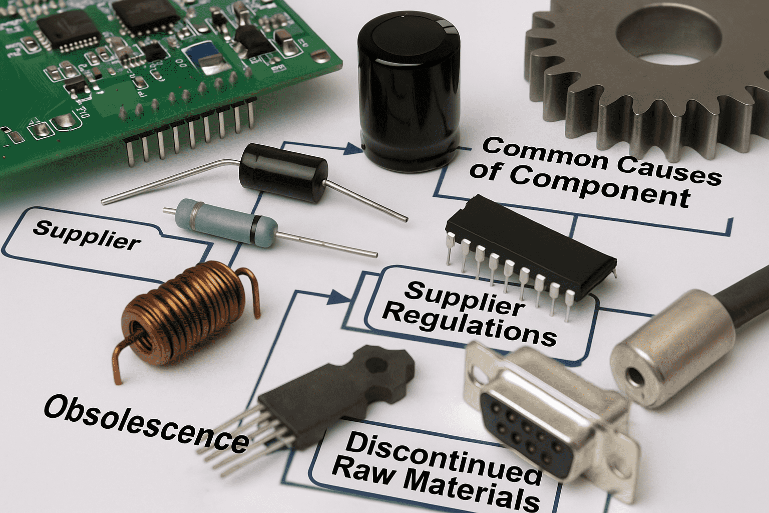 Electronic components and a circuit board arranged on a paper with labeled arrows pointing to terms like 'Supplier,' 'Obsolescence,' 'Supplier Regulations,' 'Discontinued Raw Materials,' and 'Common Causes of Component.' A large gear is also visible in the background.