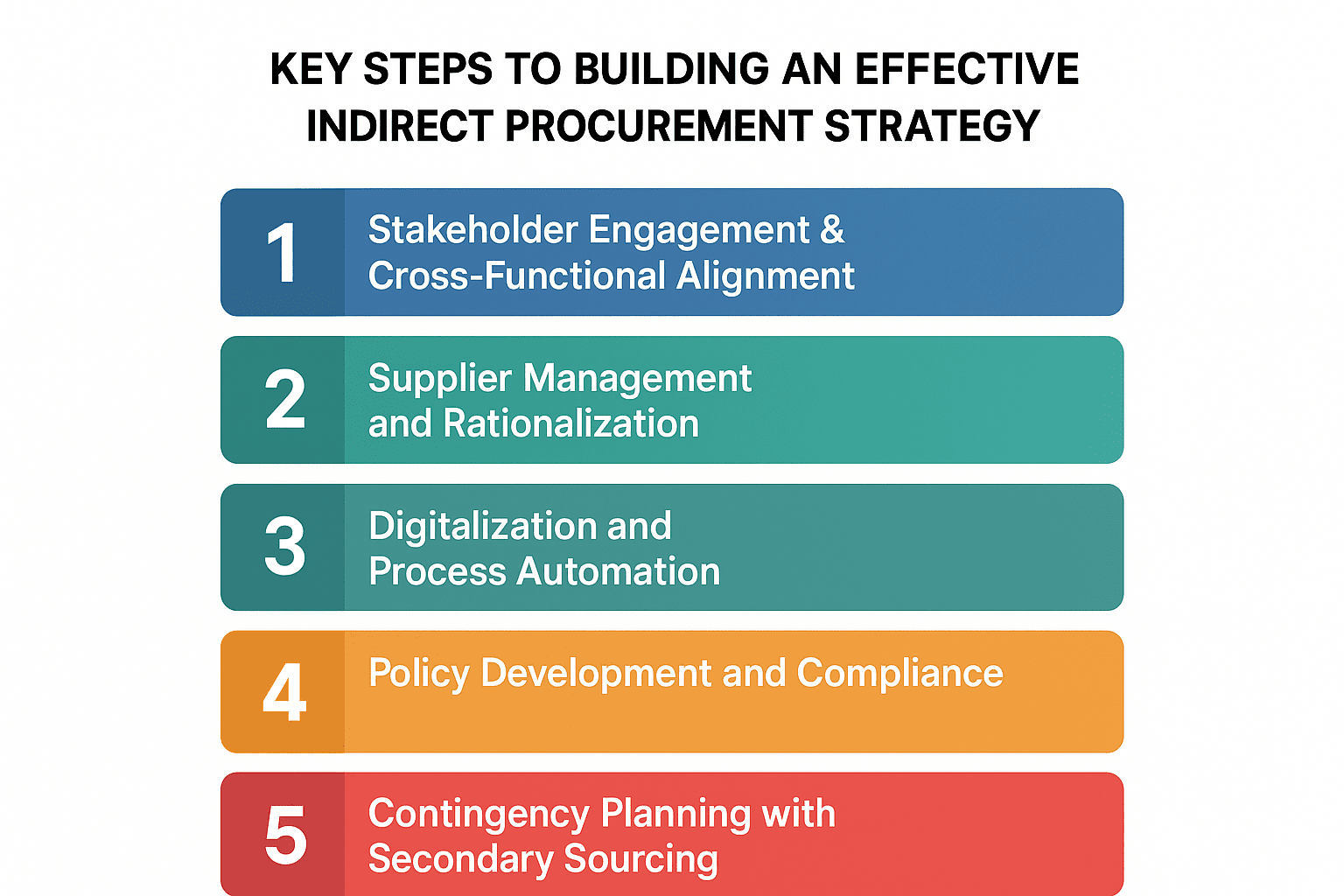 Infographic titled "Key Steps to Building an Effective Indirect Procurement Strategy" with five colored, numbered sections listing strategic steps.