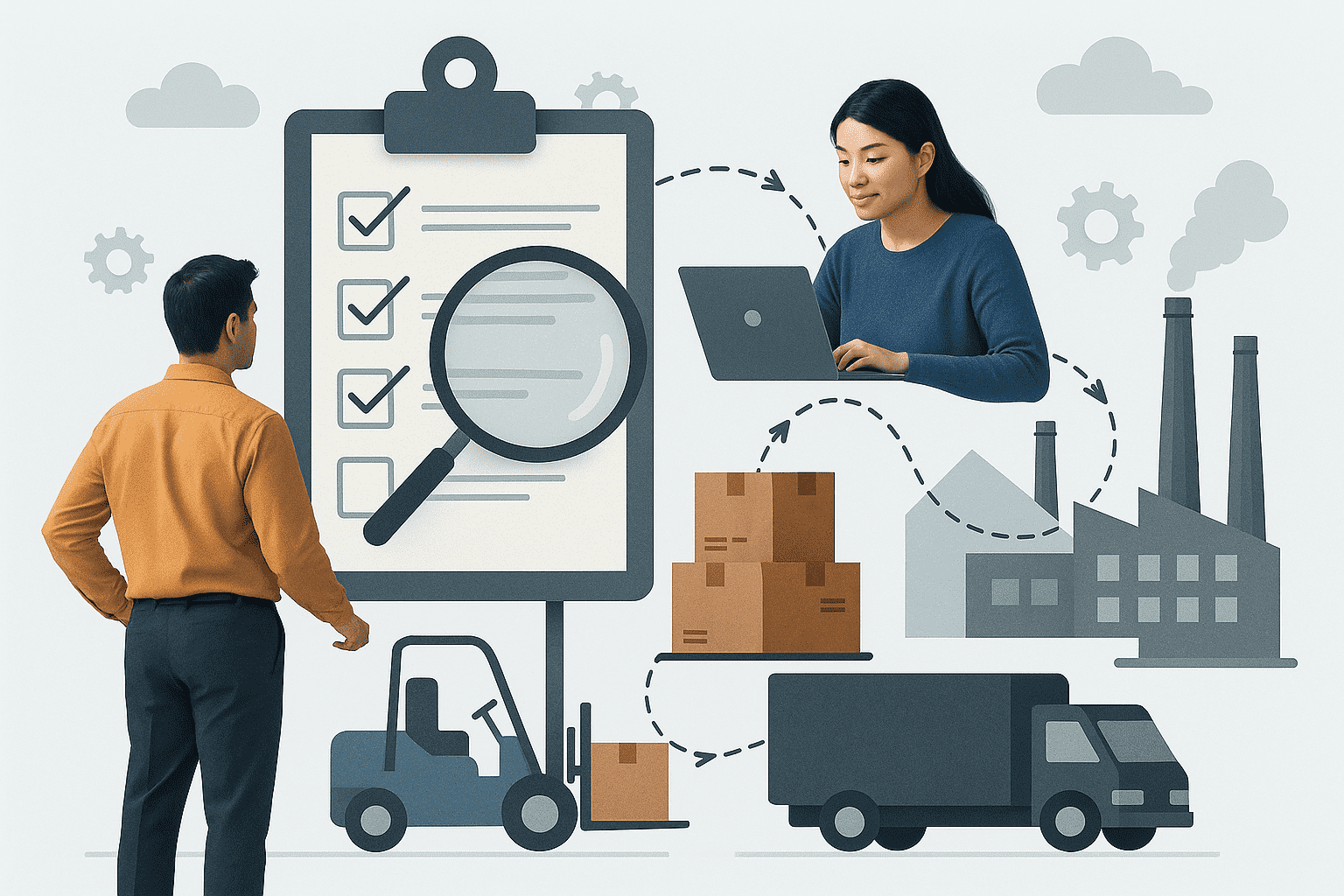 Illustration of a man looking at a large checklist with a magnifying glass, surrounded by icons of a forklift, boxes, a delivery truck, a woman using a laptop, and a factory.