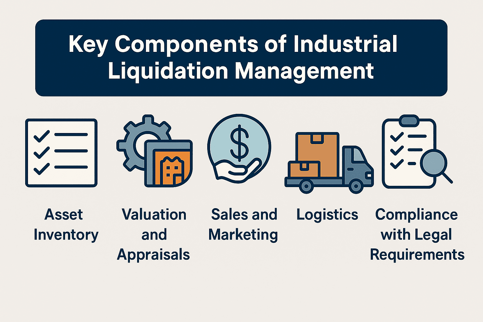Infographic titled "Key Components of Industrial Liquidation Management" with icons and five labeled sections: Asset Inventory, Valuation and Appraisals, Sales and Marketing, Logistics, and Compliance with Legal Requirements.