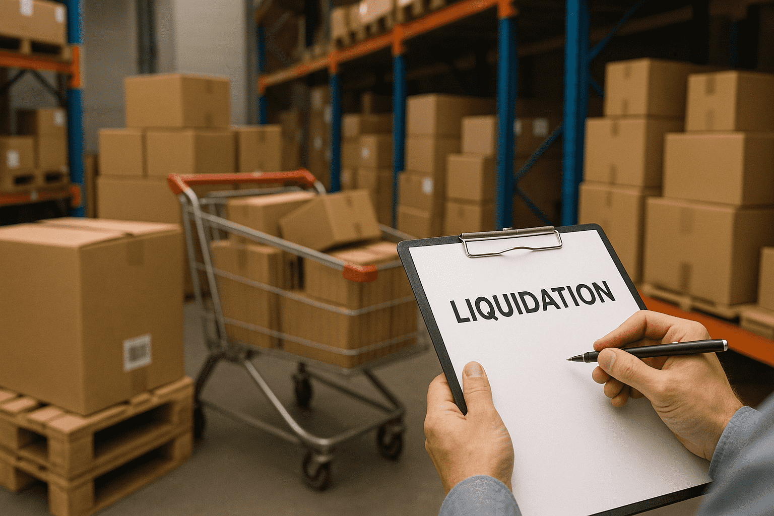 A person holding a clipboard labeled "LIQUIDATION" in a warehouse filled with cardboard boxes and a shopping cart.