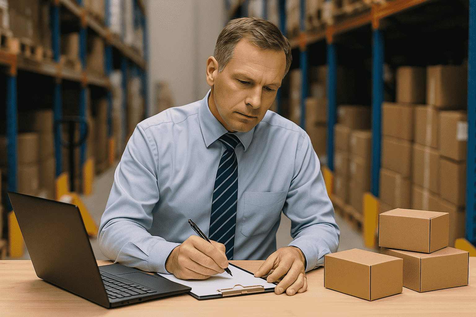 Businessman in a light blue shirt and striped tie working on paperwork at a desk in a warehouse, with a laptop and cardboard boxes beside him and rows of shelves filled with boxes in the background.