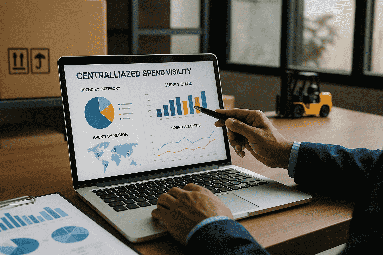 Business person analyzing centralized spend visibility data on a laptop screen, which displays charts for spend by category, supply chain, spend by region, and spend analysis. A clipboard with similar charts and graphs is on the desk, and cardboard boxes and a small forklift are visible in the background, suggesting a warehouse or supply chain environment.