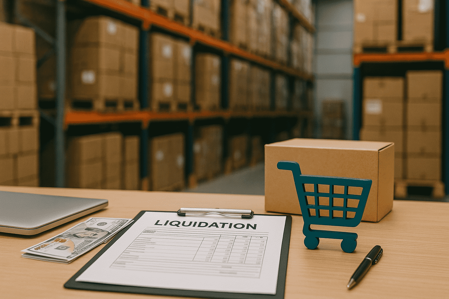 Clipboard with a liquidation form, cash, a pen, a cardboard box, and a shopping cart icon on a desk in a warehouse with shelves stacked with boxes in the background.