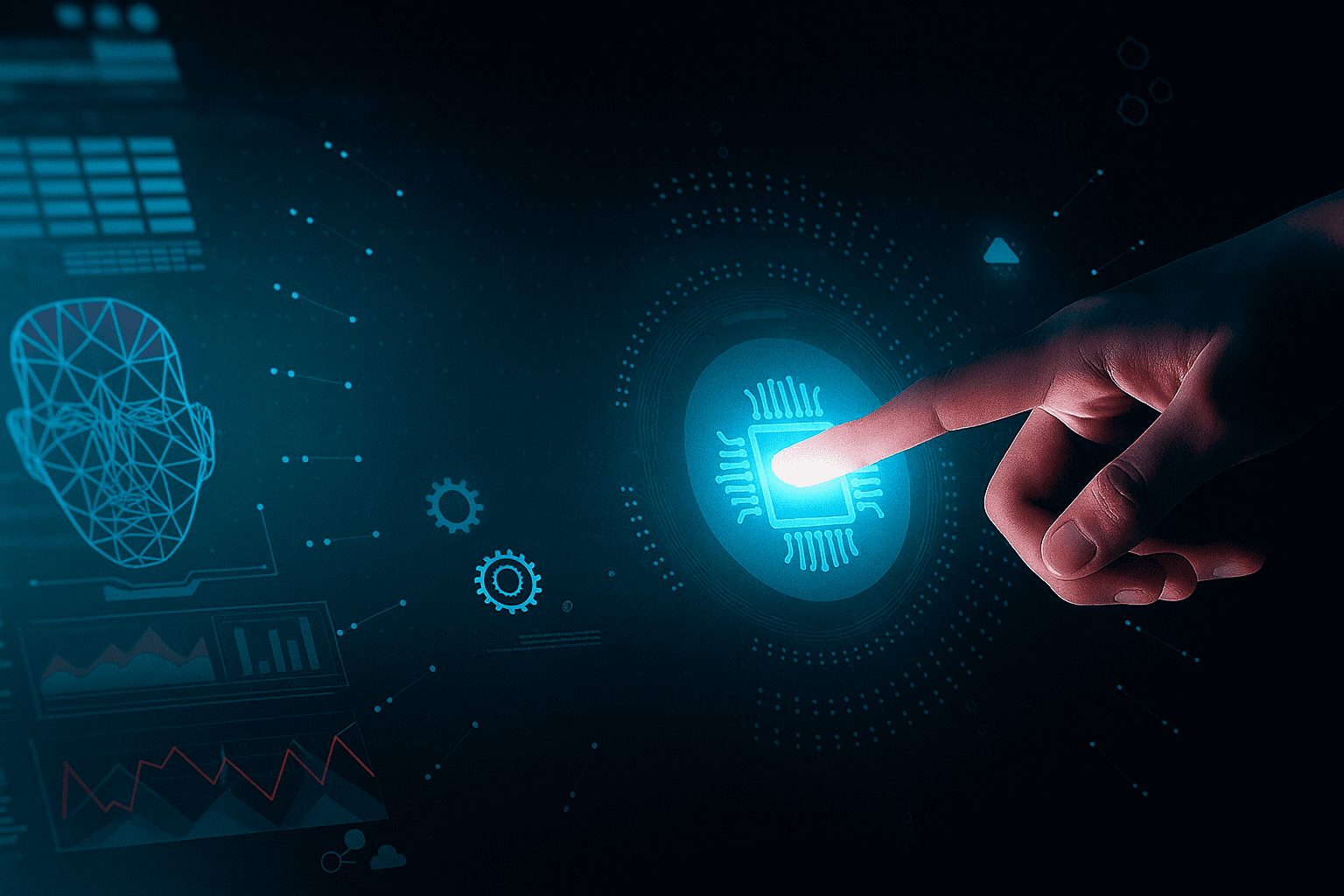 Hand pointing at a glowing digital microchip icon on a futuristic virtual interface, surrounded by technology-related graphics such as a wireframe human face, gears, and data charts, all in a blue neon color scheme.