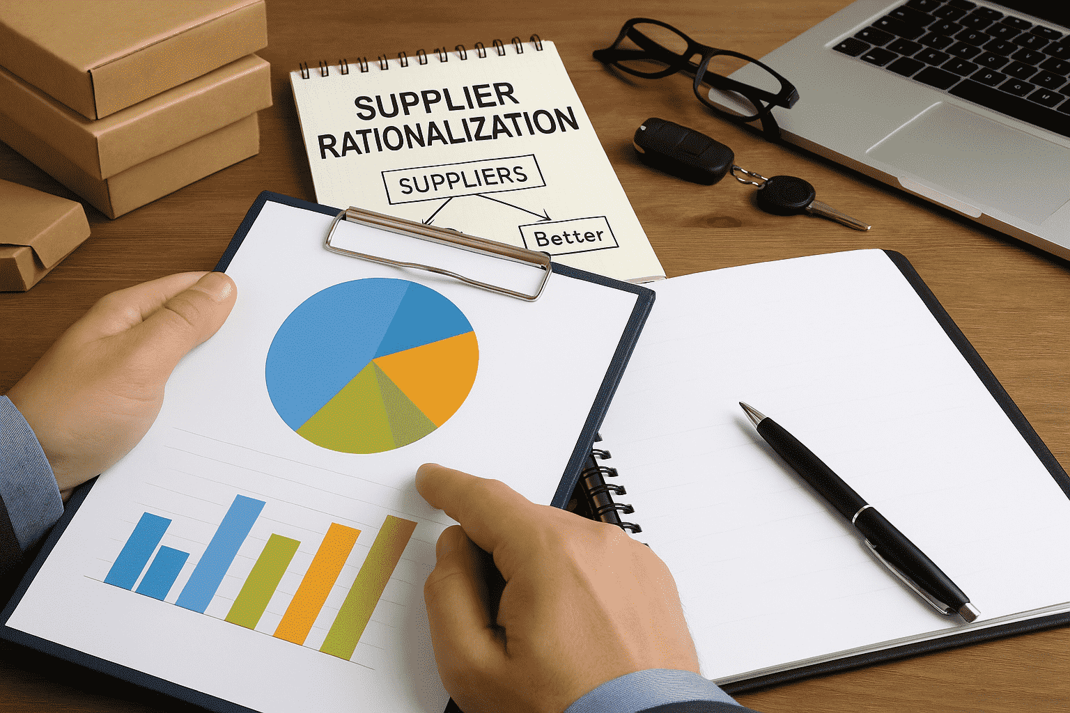 Business person reviewing a clipboard with colorful bar and pie charts, with a spiral notebook titled 'SUPPLIER RATIONALIZATION' on the desk, along with a pen, glasses, car keys, cardboard boxes, and a laptop, all arranged on a wooden work surface.