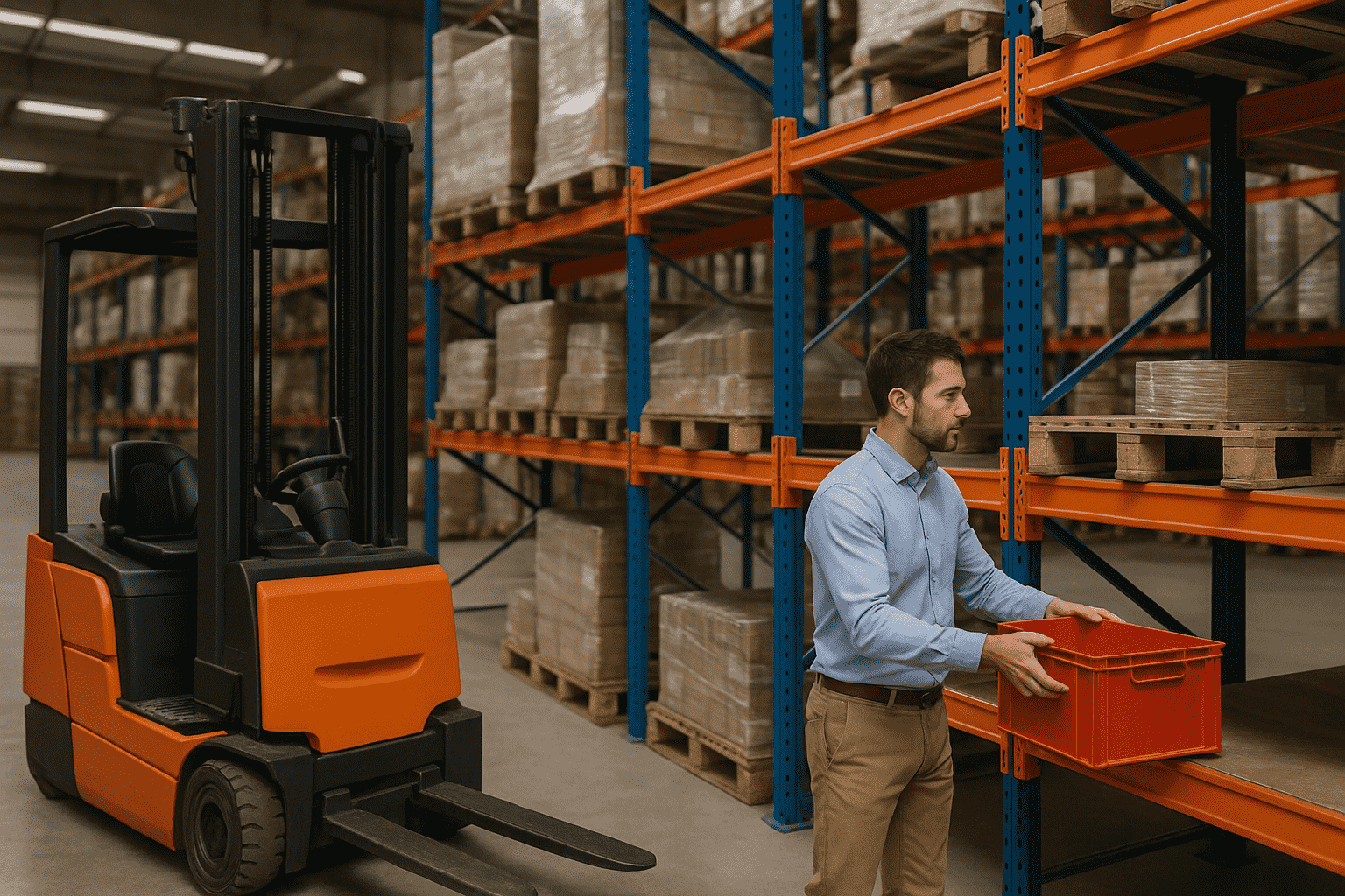 "Man in a warehouse placing a red plastic storage bin on a shelf, with an orange forklift parked nearby and pallets of goods stacked on industrial shelving in the background.