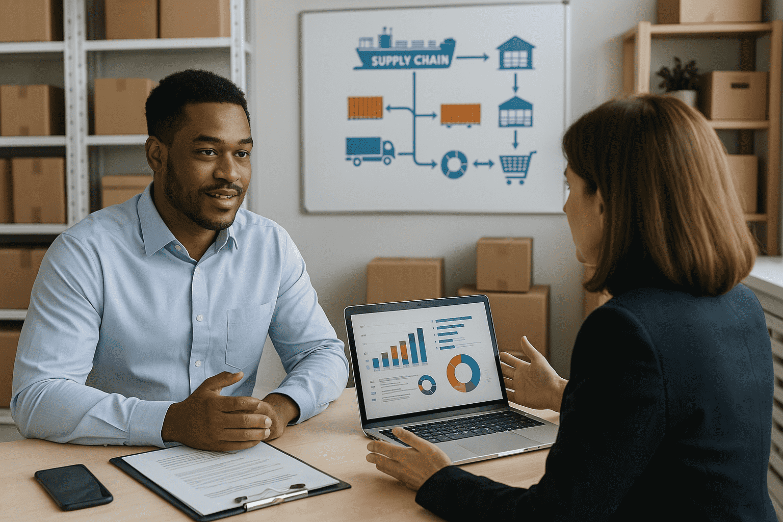 Two professionals discussing supply chain analytics in an office with boxes on shelves, a laptop displaying charts, and a supply chain diagram on a whiteboard in the background.