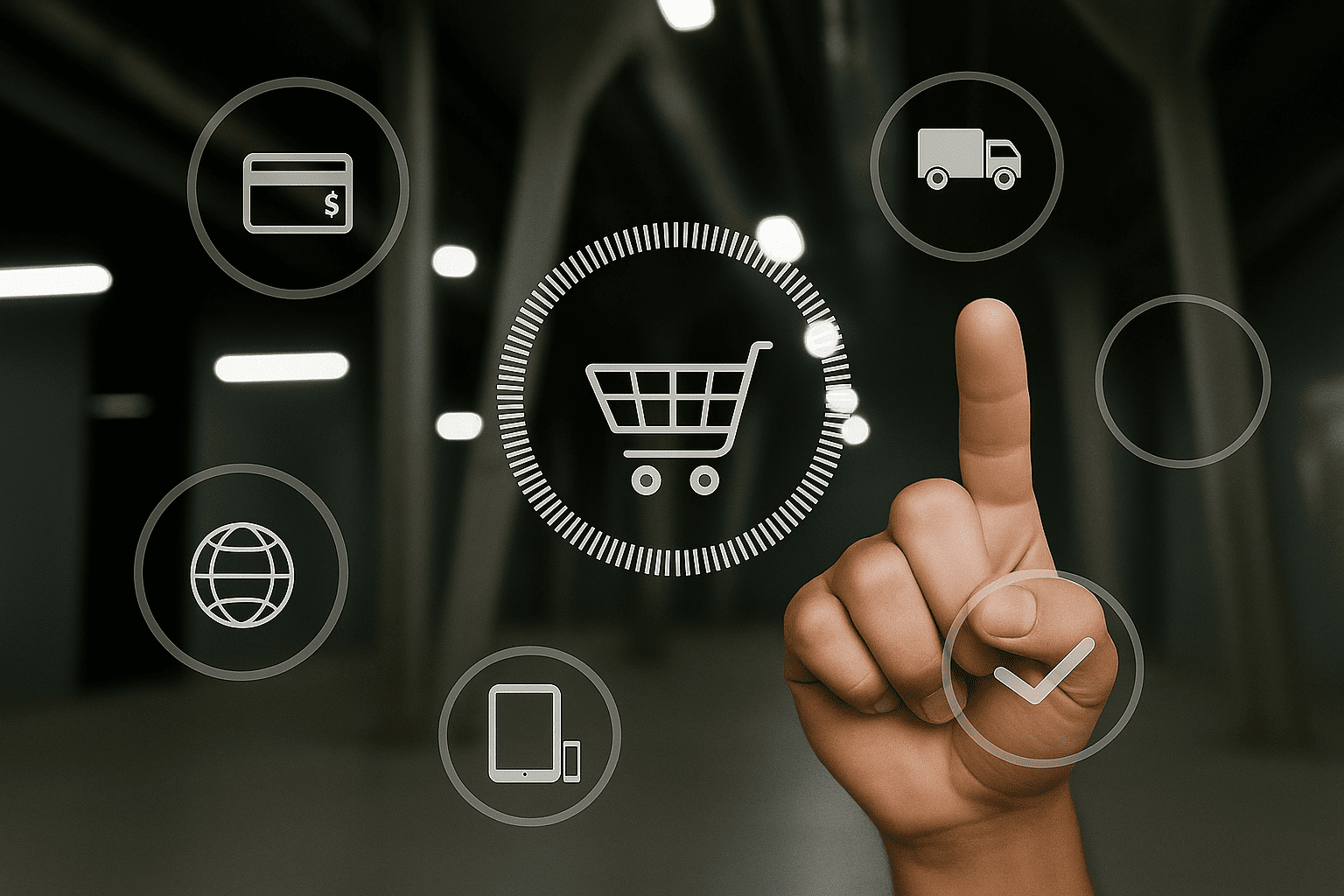 Hand pointing at a transparent digital interface with a central shopping cart icon, surrounded by icons for payment, delivery truck, globe, mobile device, and a checkmark.