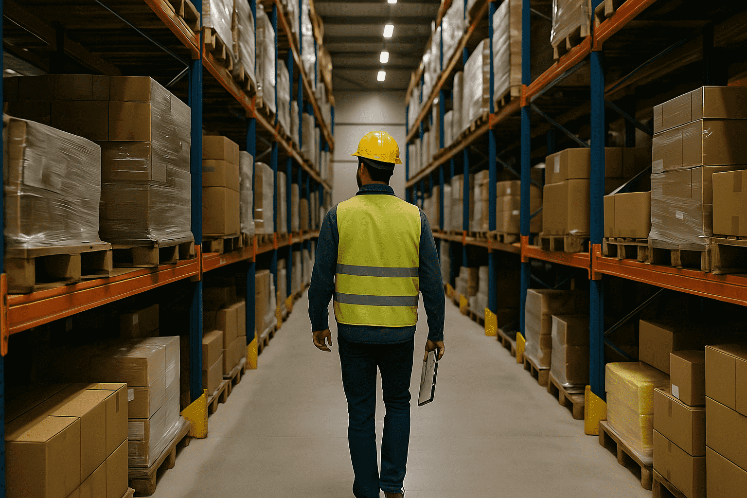 Worker in a yellow safety vest and hard hat walking down an aisle in a warehouse filled with pallets of boxed goods.