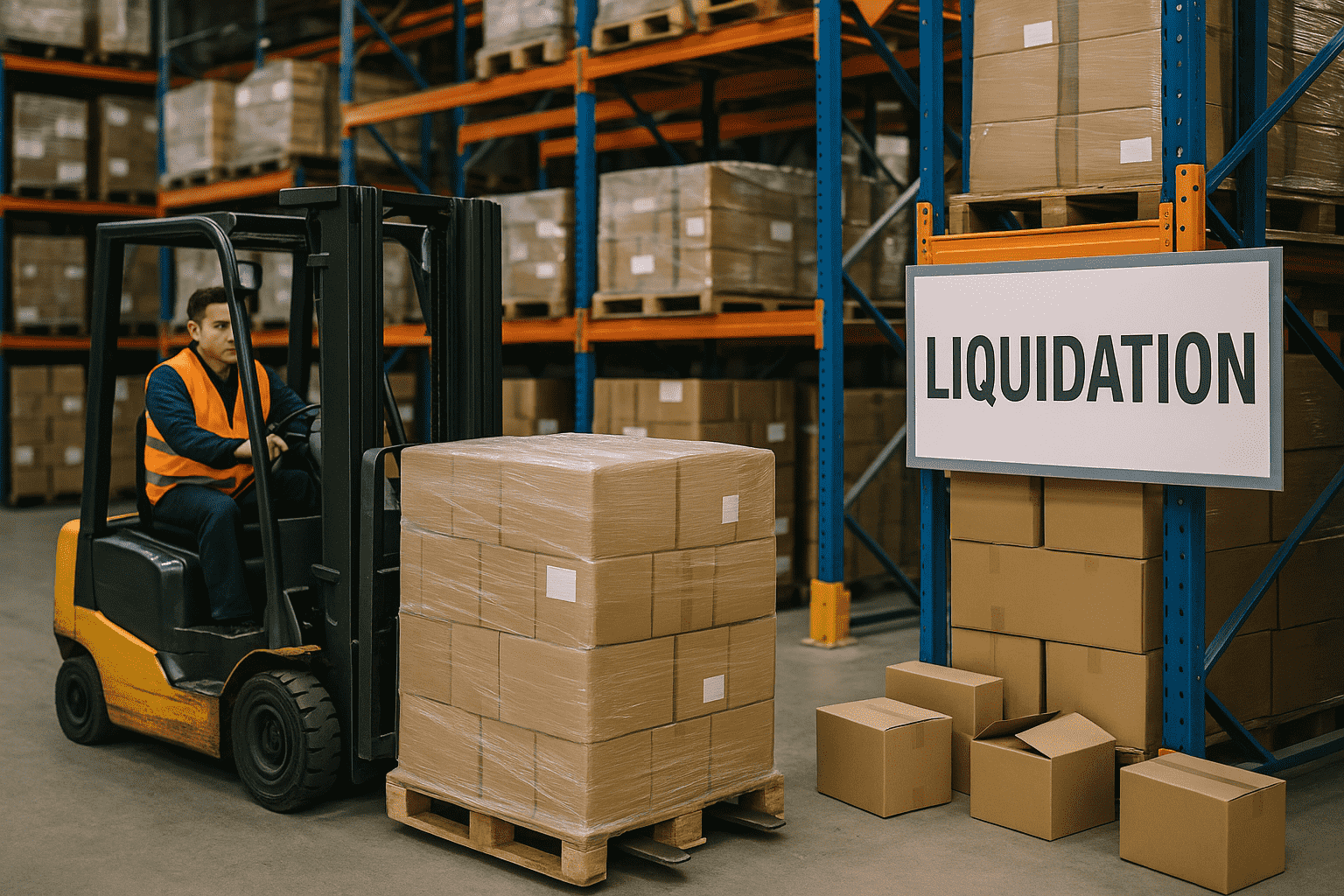 Worker driving a forklift loaded with boxed goods in a warehouse, next to a large sign that reads "LIQUIDATION."