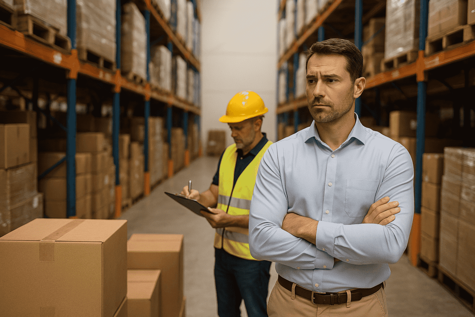 Man in a light blue shirt with arms crossed stands in a warehouse, while a worker in a safety vest and hard hat writes on a clipboard in the background among stacks of boxes.