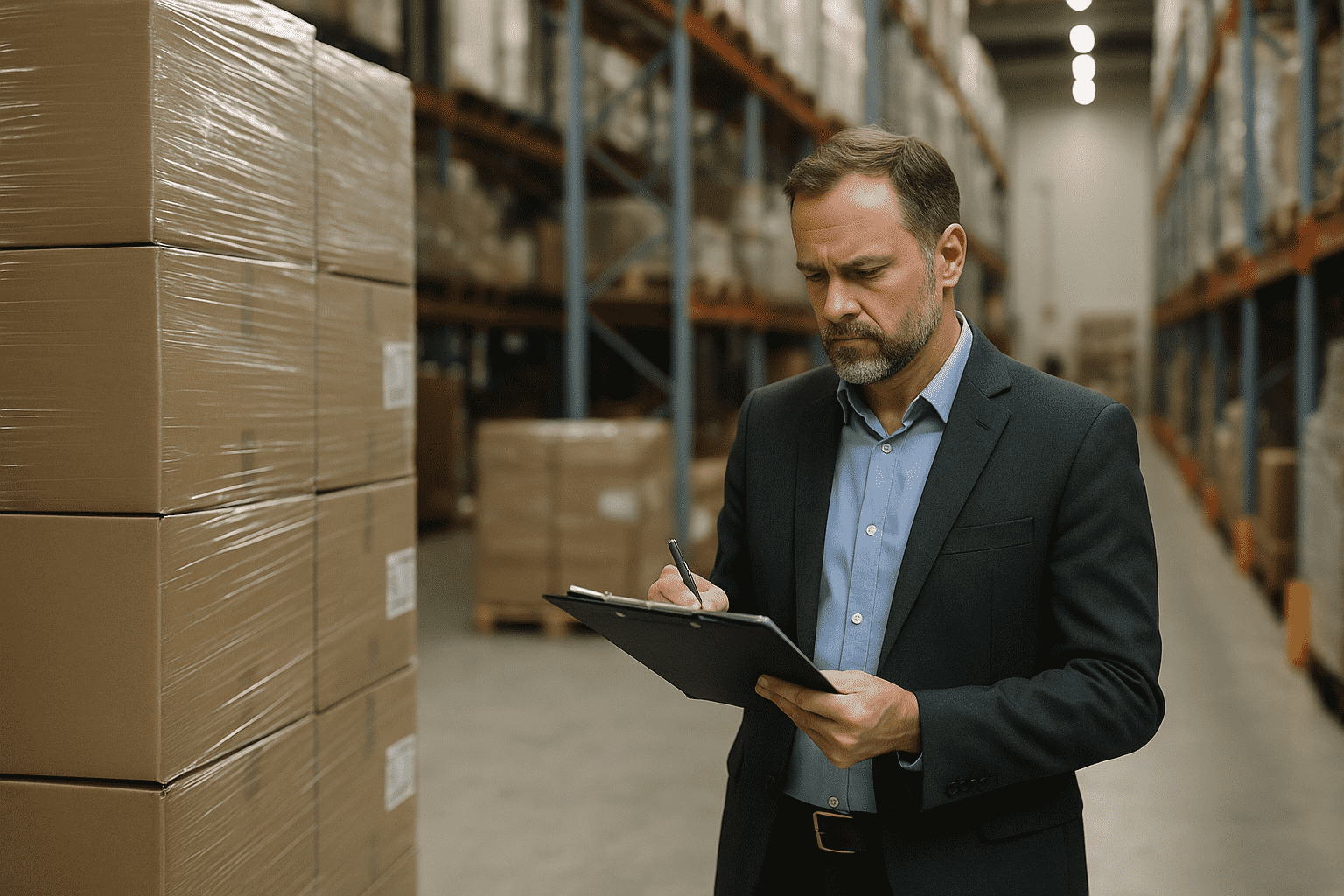 Man in a suit writing on a clipboard in a warehouse, standing next to stacked pallets of cardboard boxes.