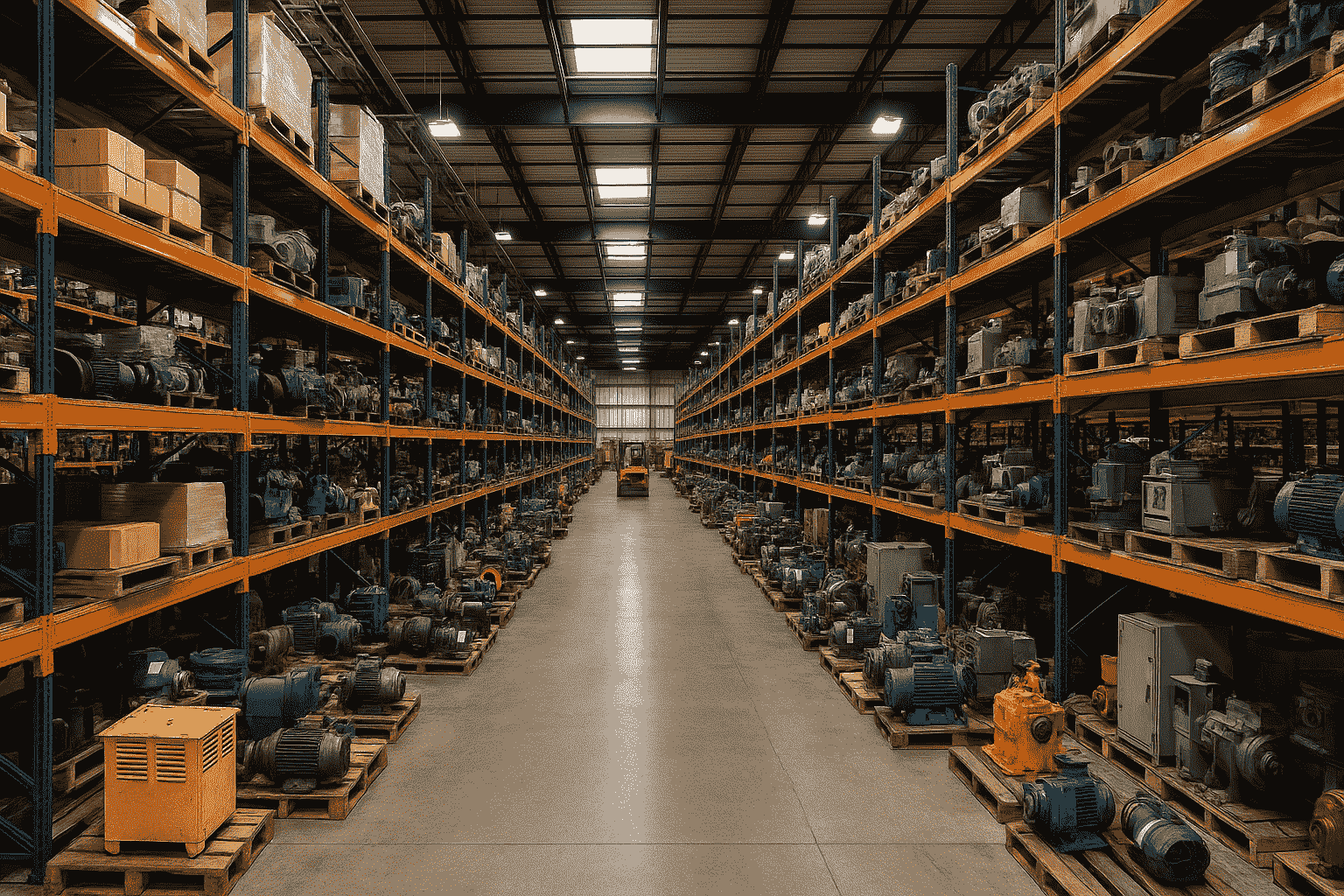 Wide view of an industrial warehouse aisle with tall orange shelving racks on both sides, filled with large electric motors, pumps, and boxed equipment. A forklift is visible in the distance at the end of the aisle.