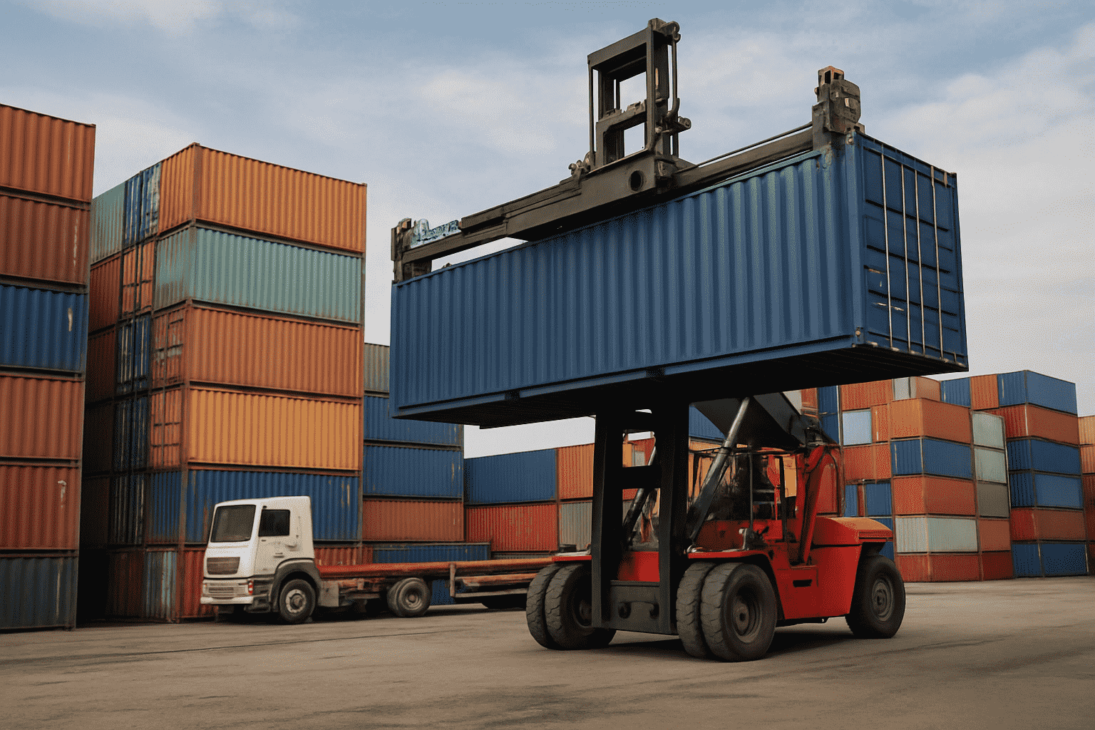 Large red forklift transporting a blue shipping container in a shipping yard, with stacked orange and blue containers and a white truck trailer in the background.