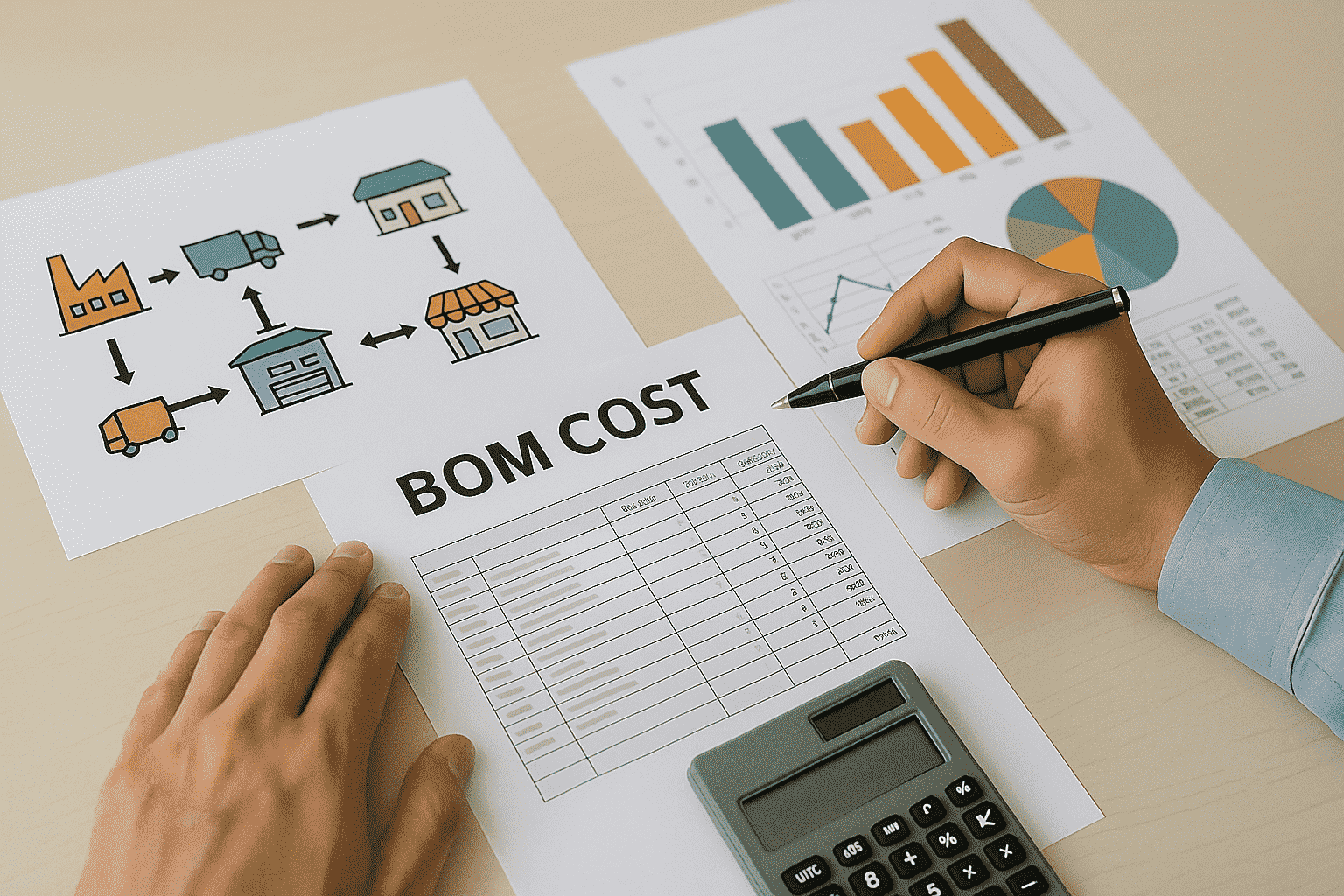 Hands of a person working at a desk with documents related to supply chain and cost analysis. Visible papers include a supply chain flow diagram, colorful bar and pie charts, and a 'BOM COST' sheet with a list of items and prices. A calculator and pen are also present, indicating financial calculations and analysis.