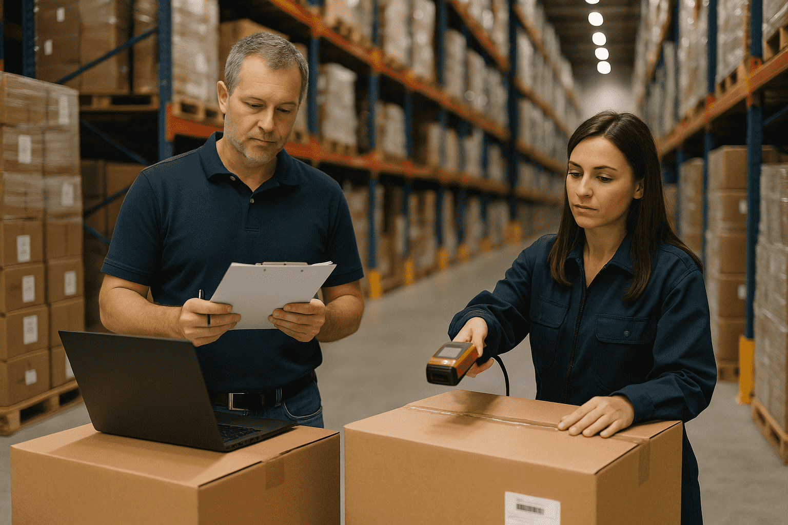Man holding a clipboard and woman scanning a box with a barcode scanner, standing next to a laptop in a warehouse aisle filled with stacked boxes.