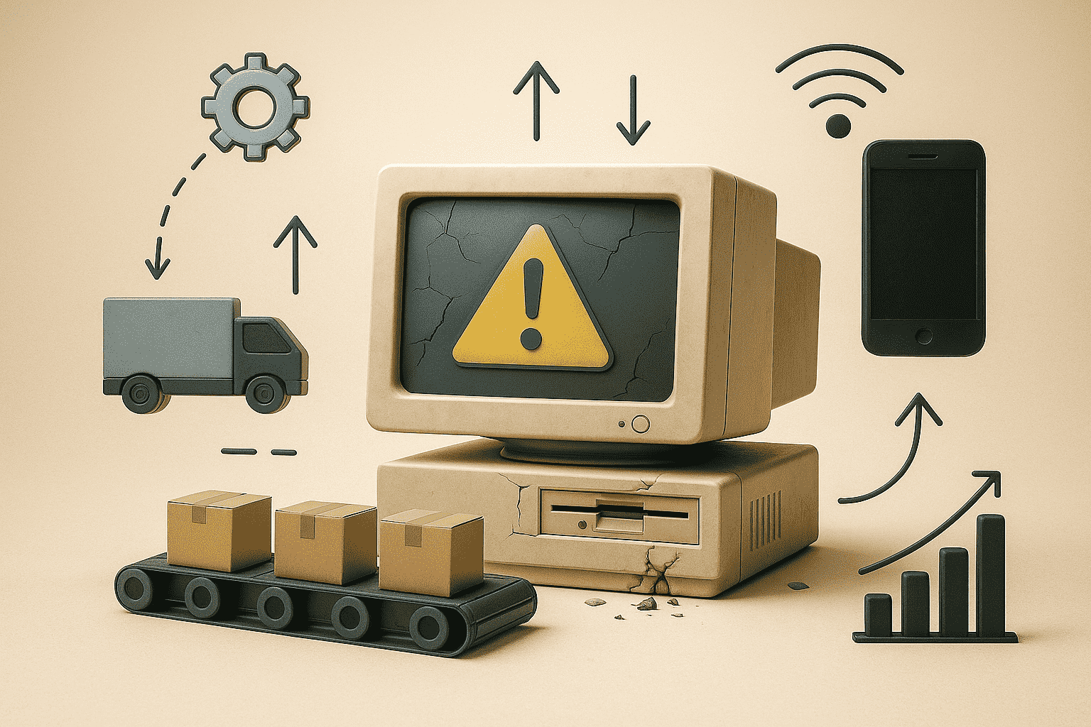 3D illustration of an old, cracked desktop computer with a yellow warning triangle on the screen, surrounded by icons representing supply chain elements (gear, truck, conveyor belt with boxes, smartphone, Wi-Fi, and an upward bar chart), symbolizing technology risks in logistics or supply chain.