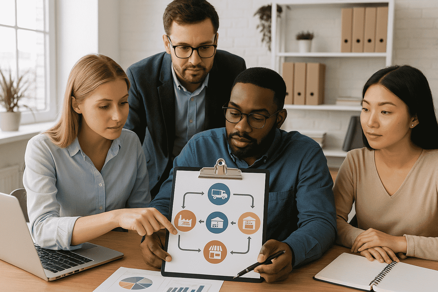 A group of four people sitting at a desk in an office, collaborating while one person holds a clipboard with a supply chain flowchart diagram. The others look at the diagram and discuss, with laptops and papers on the table.