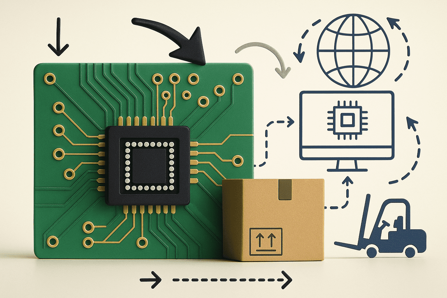 Illustration of a green microchip, a cardboard shipping box, and supply chain icons including a forklift, a computer, and a globe, with arrows showing logistics and electronic component movement.