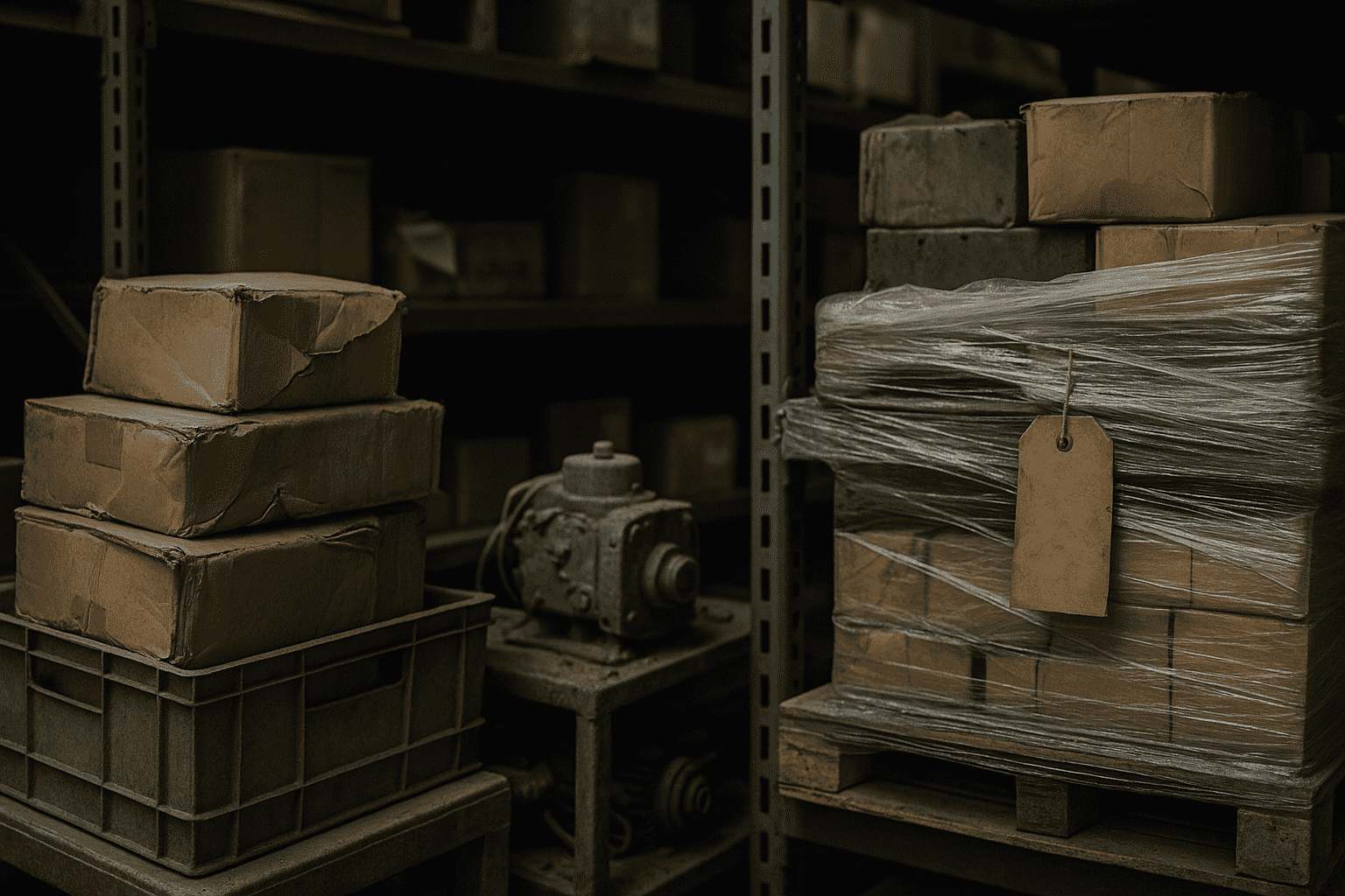 Warehouse shelves with damaged packaging, dusty unused components, and crates tagged obsolete, visually representing causes of distressed inventory.