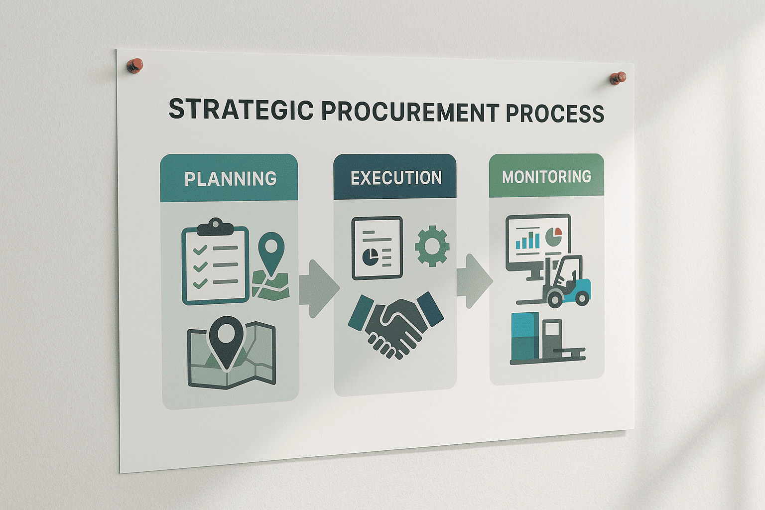 Infographic of the strategic procurement process showing three stages: planning with risk assessment, execution with supplier evaluation, and monitoring with KPI tracking and asset redeployment.