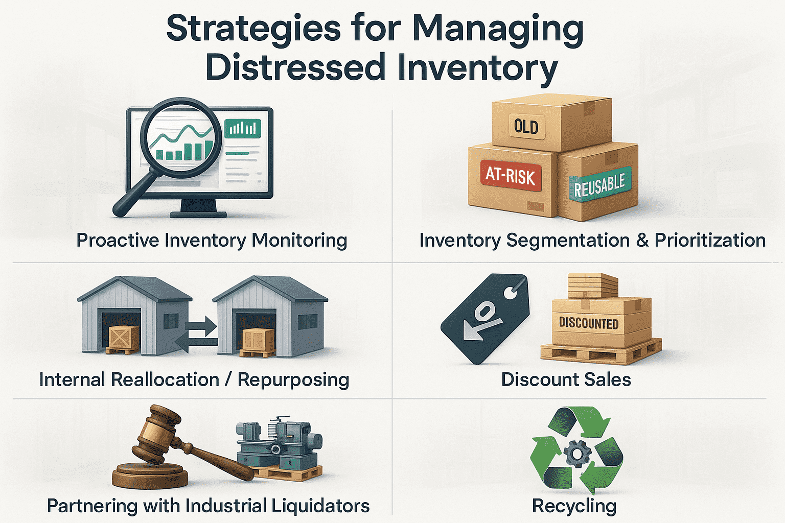 Infographic showing 6 strategies for managing distressed inventory: proactive monitoring, segmentation, reallocation, discount sales, liquidators, and recycling.
