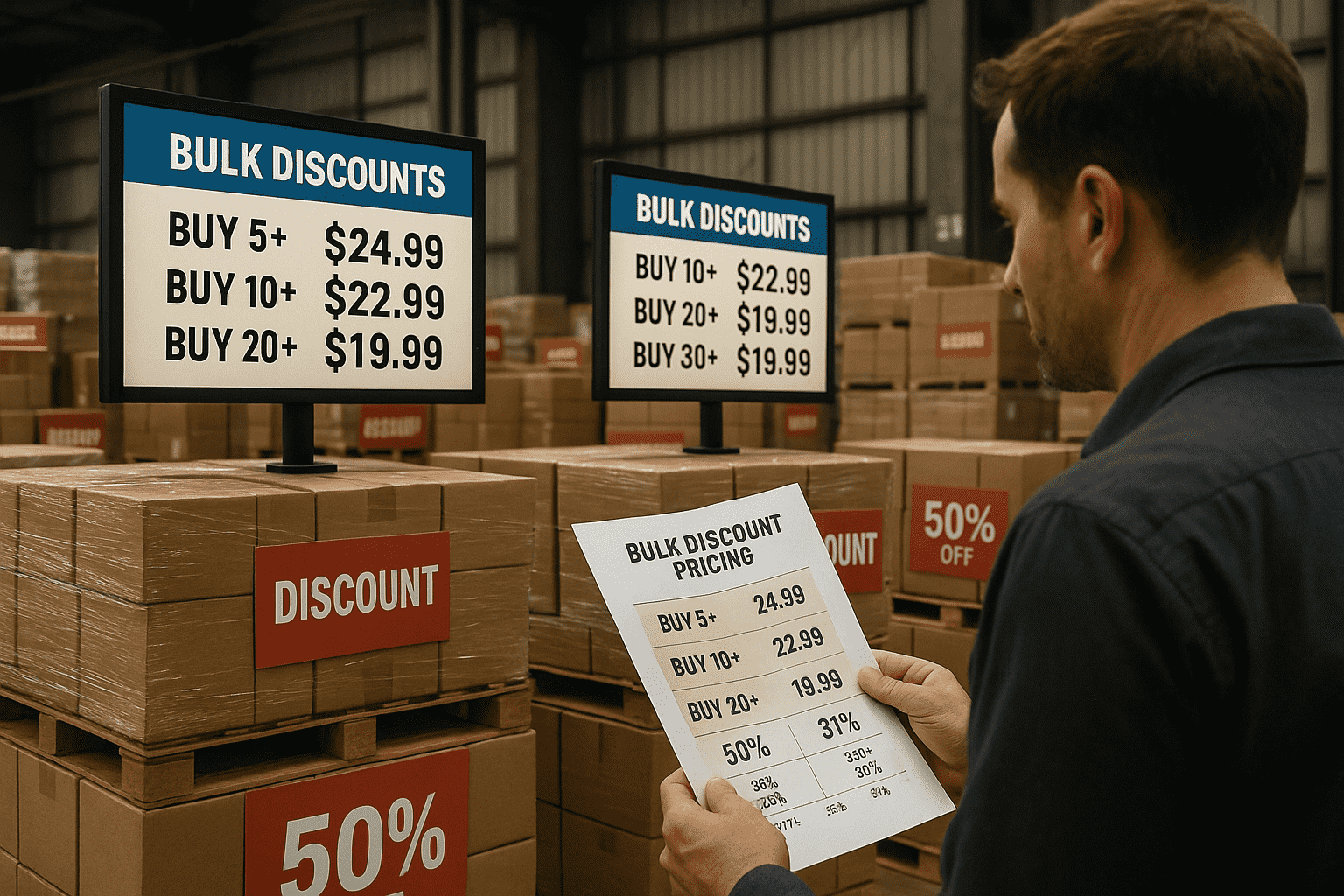 Warehouse of finished goods with discount tags, digital screens displaying bulk and tiered pricing offers for strategic inventory clearance.