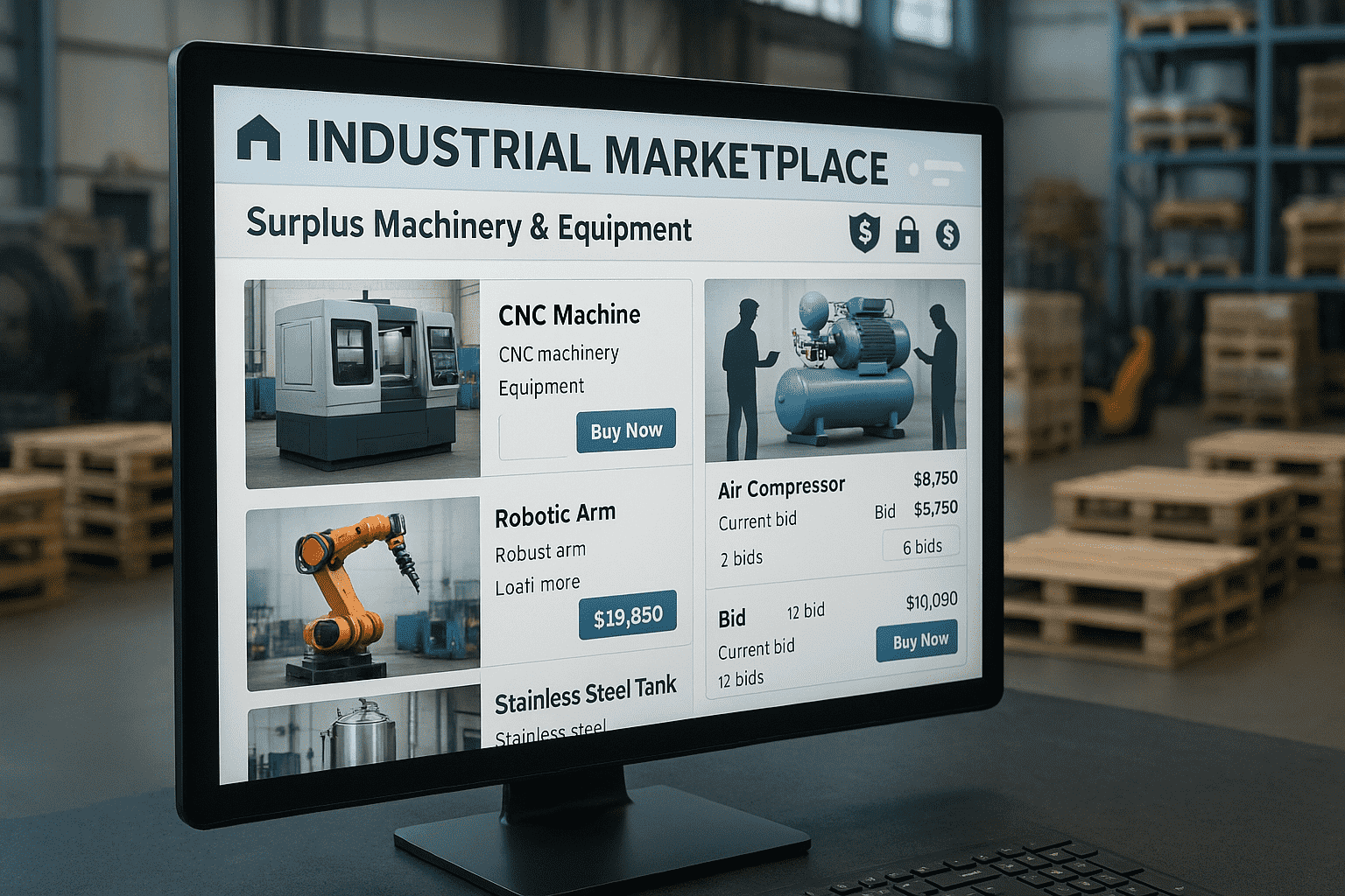 Digital industrial marketplace platform showing listings of surplus equipment with secure transactions and buyers browsing inventory online for fast sales.