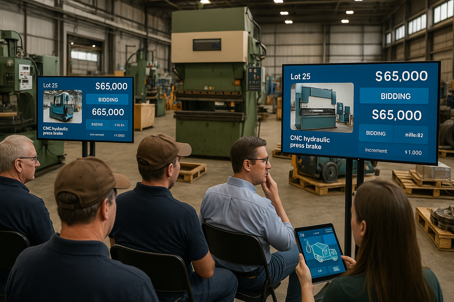 Industrial liquidators managing a large-scale buyout, forklifts loading surplus equipment onto trucks while professionals finalize deals for quick inventory removal.