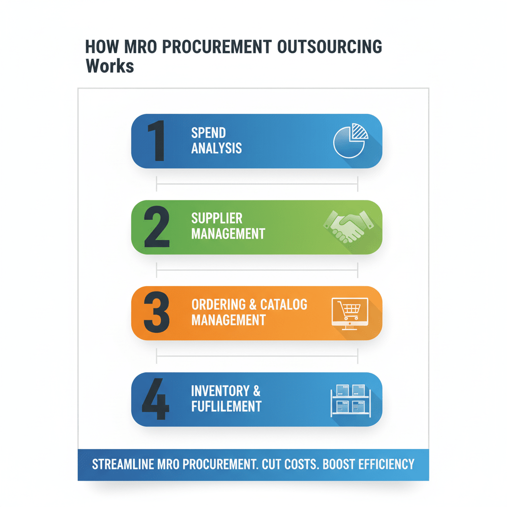Infographic illustrating the MRO procurement outsourcing process — from spend analysis to supplier management and fulfillment.