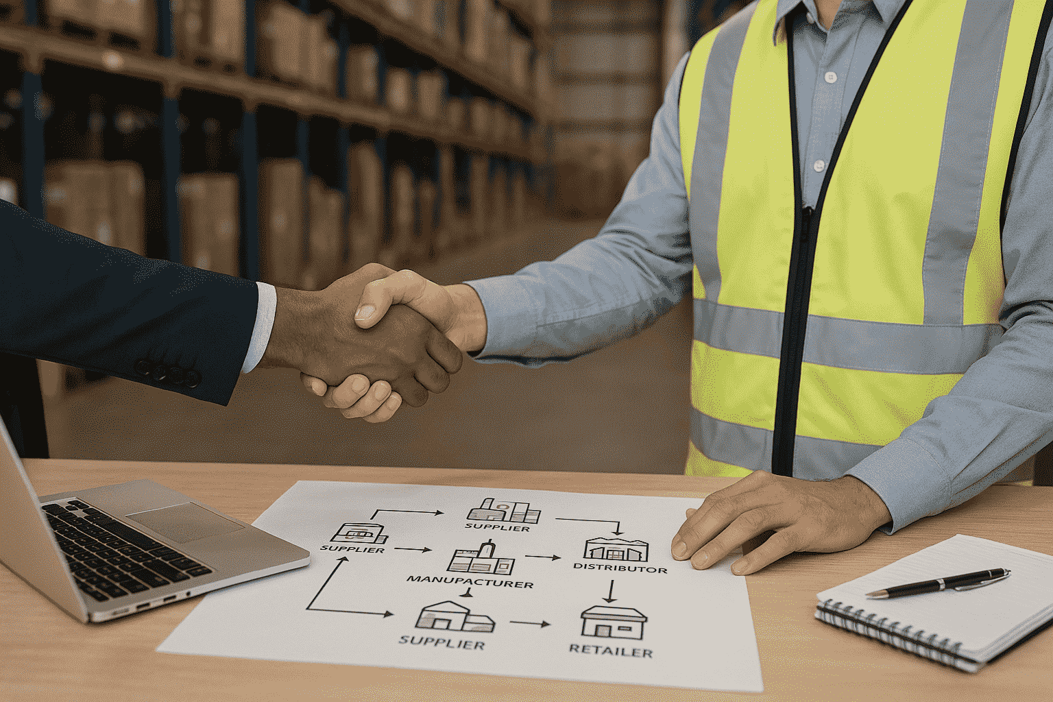 Two business professionals shaking hands over a supply chain flowchart on a desk, with a laptop, notebook, and warehouse storage in the background.