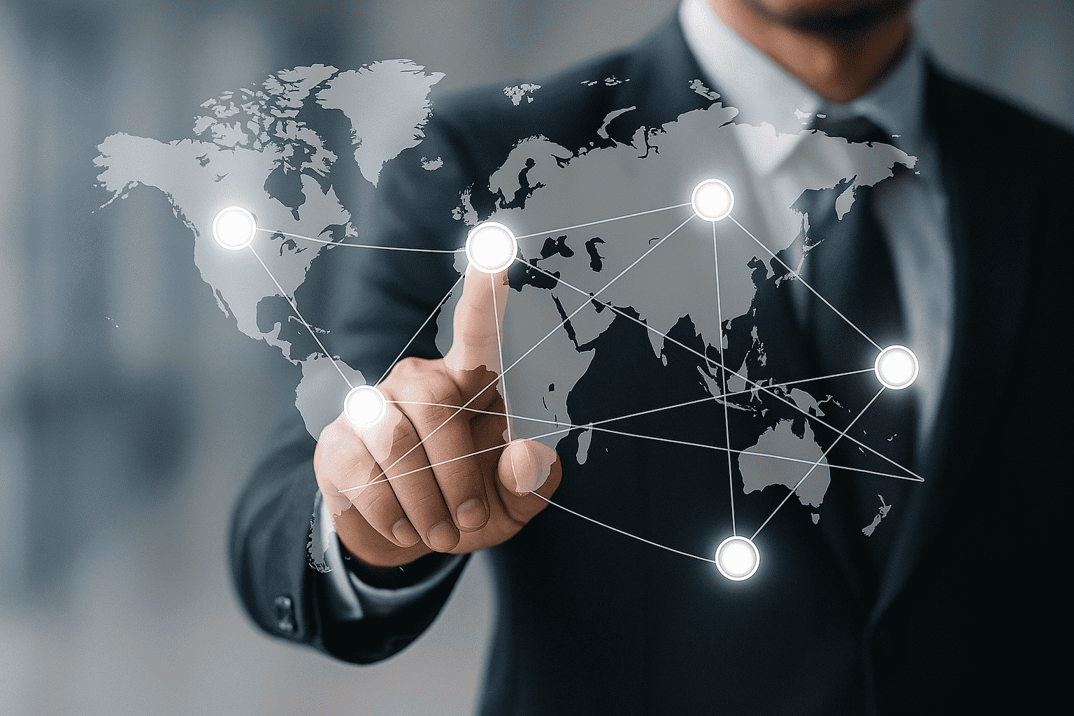 Businessman in a suit touching a digital world map with connected glowing nodes representing a global network or international business connections