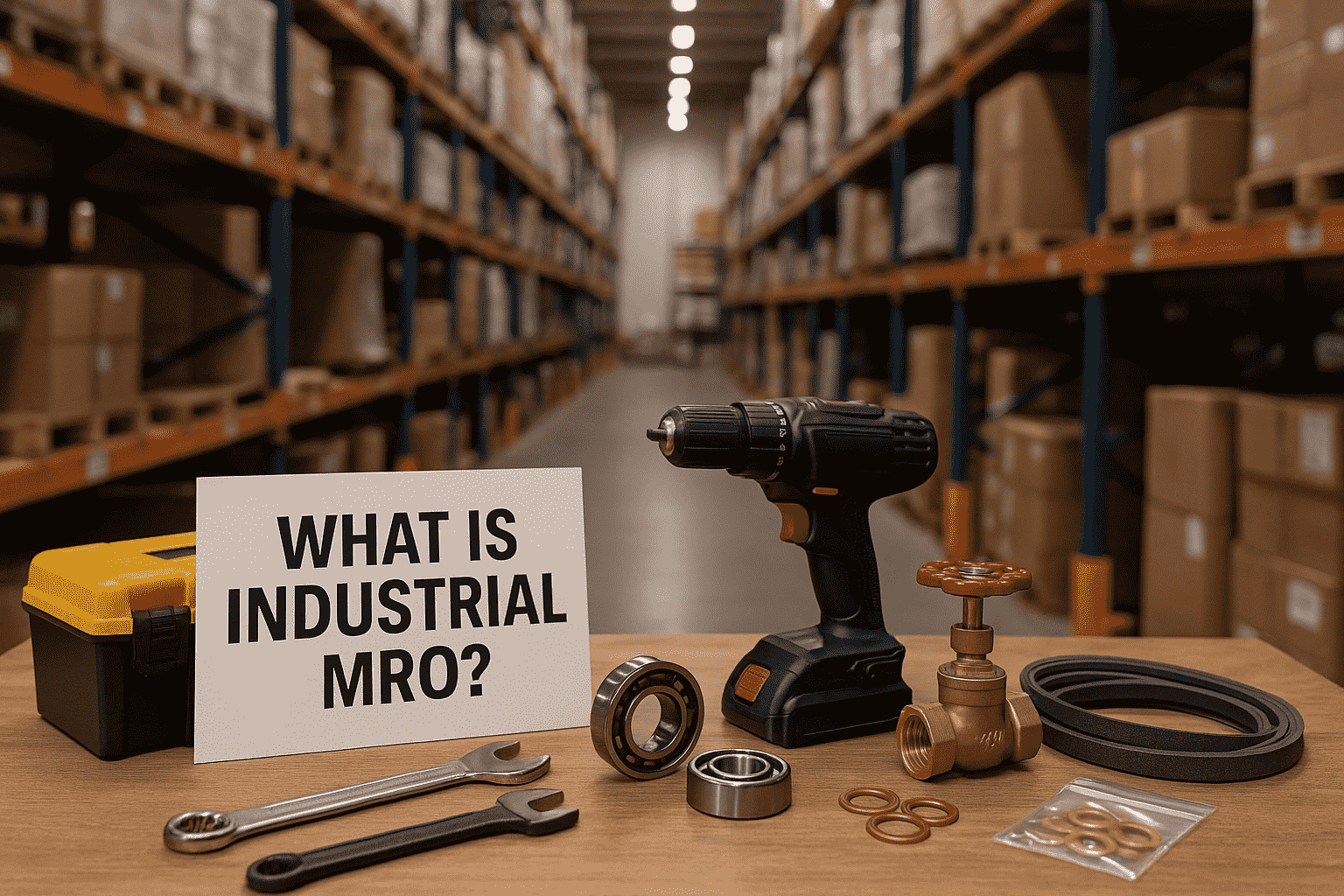 Industrial tools, bearings, and drill displayed on a workbench in a warehouse with a sign reading “What Is Industrial MRO?”.