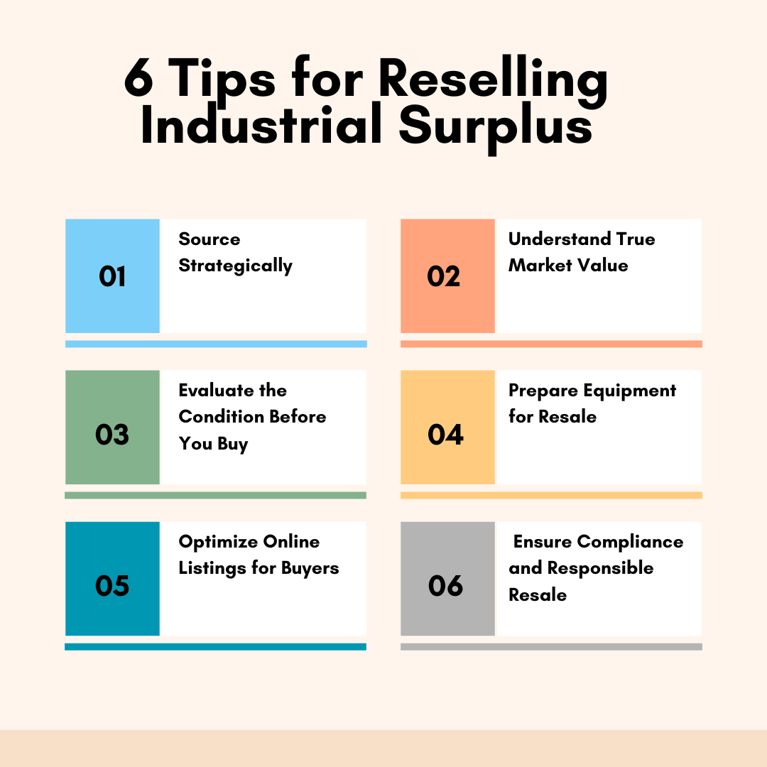 Infographic outlining six practical tips for reselling industrial surplus profitably and responsibly.
