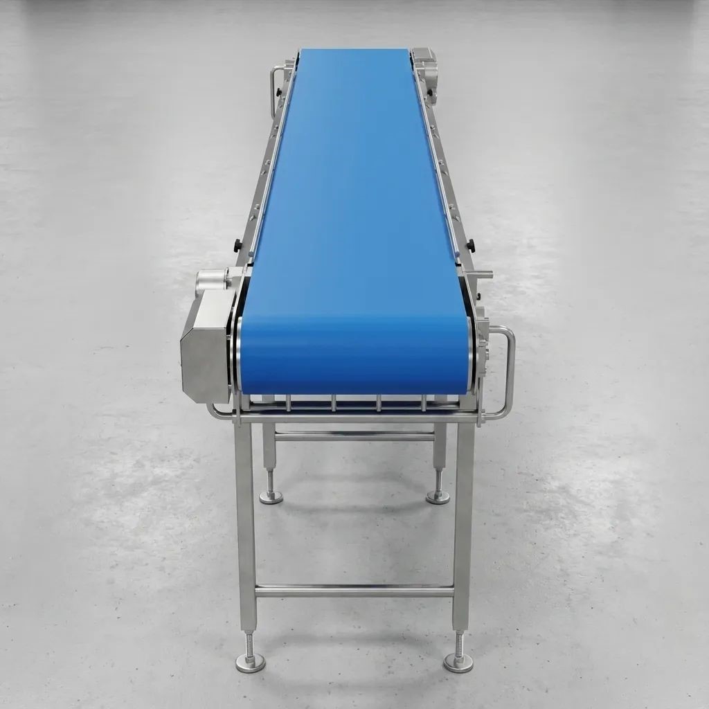 Food-grade conveyor belt moving packaged products through a processing facility