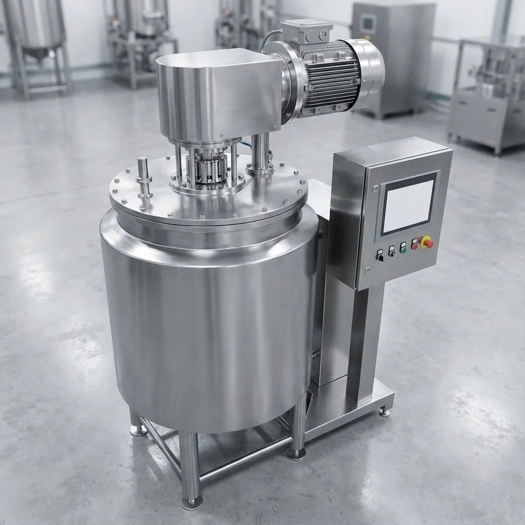 High-shear mixer creating smooth emulsions for dressings in processing tank